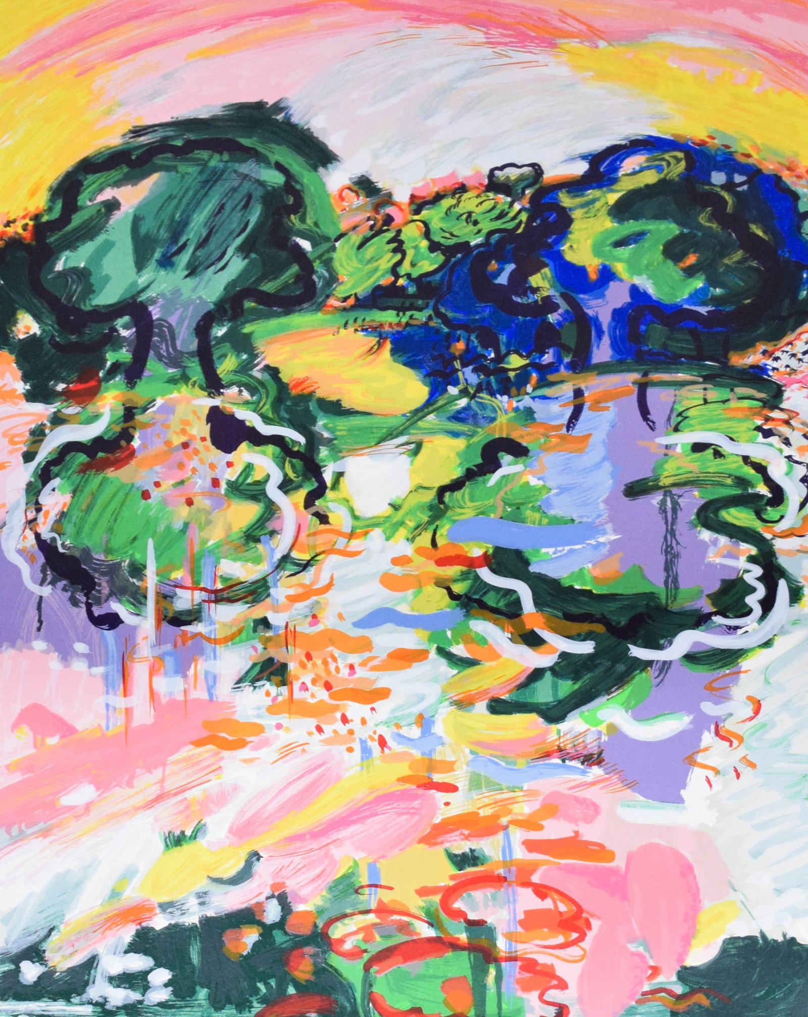 Yehouda Chaki Lithograph Abstract Landscape: Yehouda Chaki (Greek/Canadian, 1938-2023). Lithograph on heavy paper, abstract expressionist landscape. Pencil signed lower right and numbered 28/120 lower left. 38 x 30 1/4 inches. Location: C.R. Dra