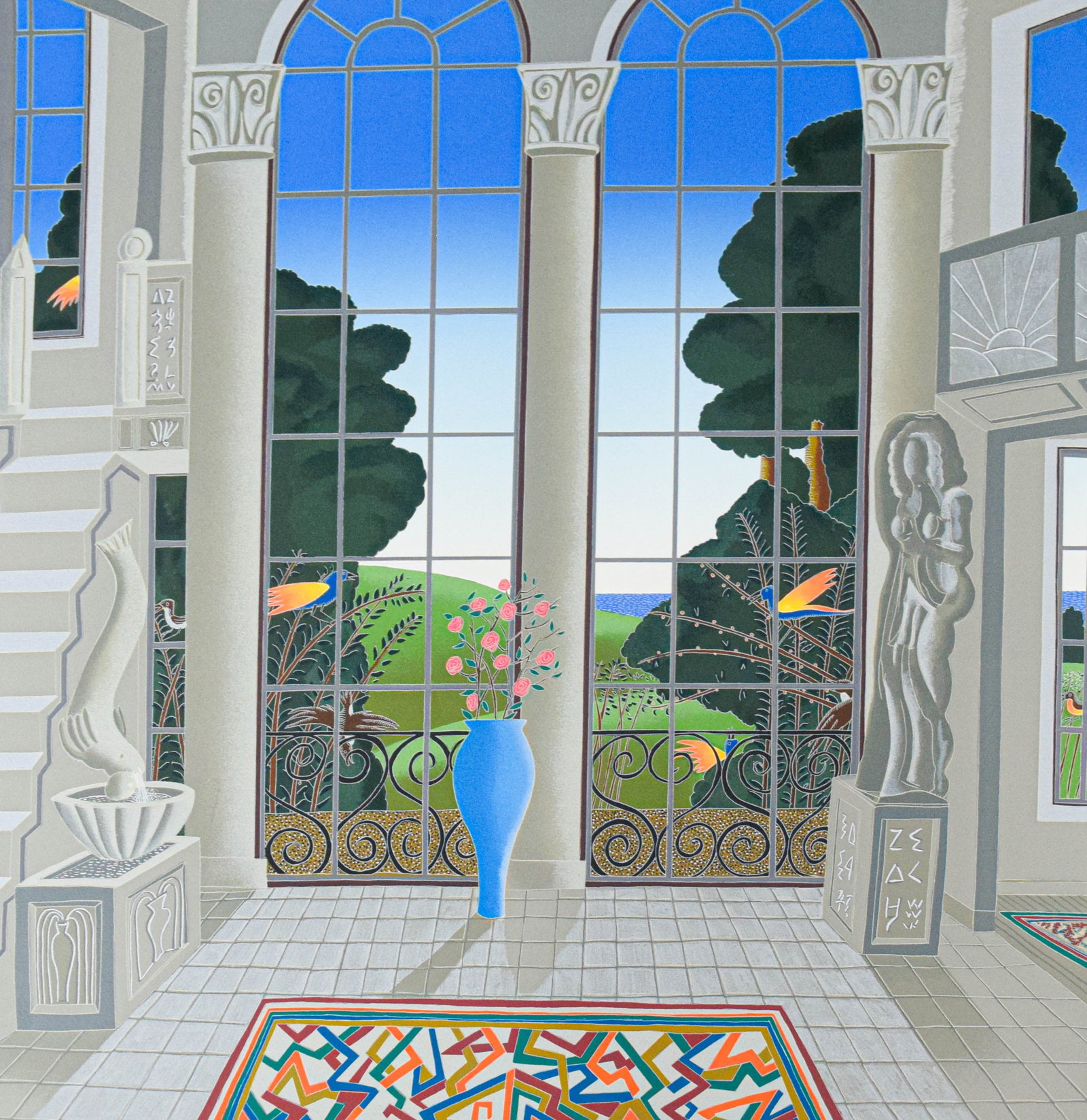 Thomas McKnight Serigraph Interior with Terrace: Thomas McKnight (American, b. 1941). Serigraph, interior with terrace. Pencil-signed lower right and numbered 59/175 lower left. Blindstamp to lower right. 26" x 24" image size, 30" x 28" sheet size.