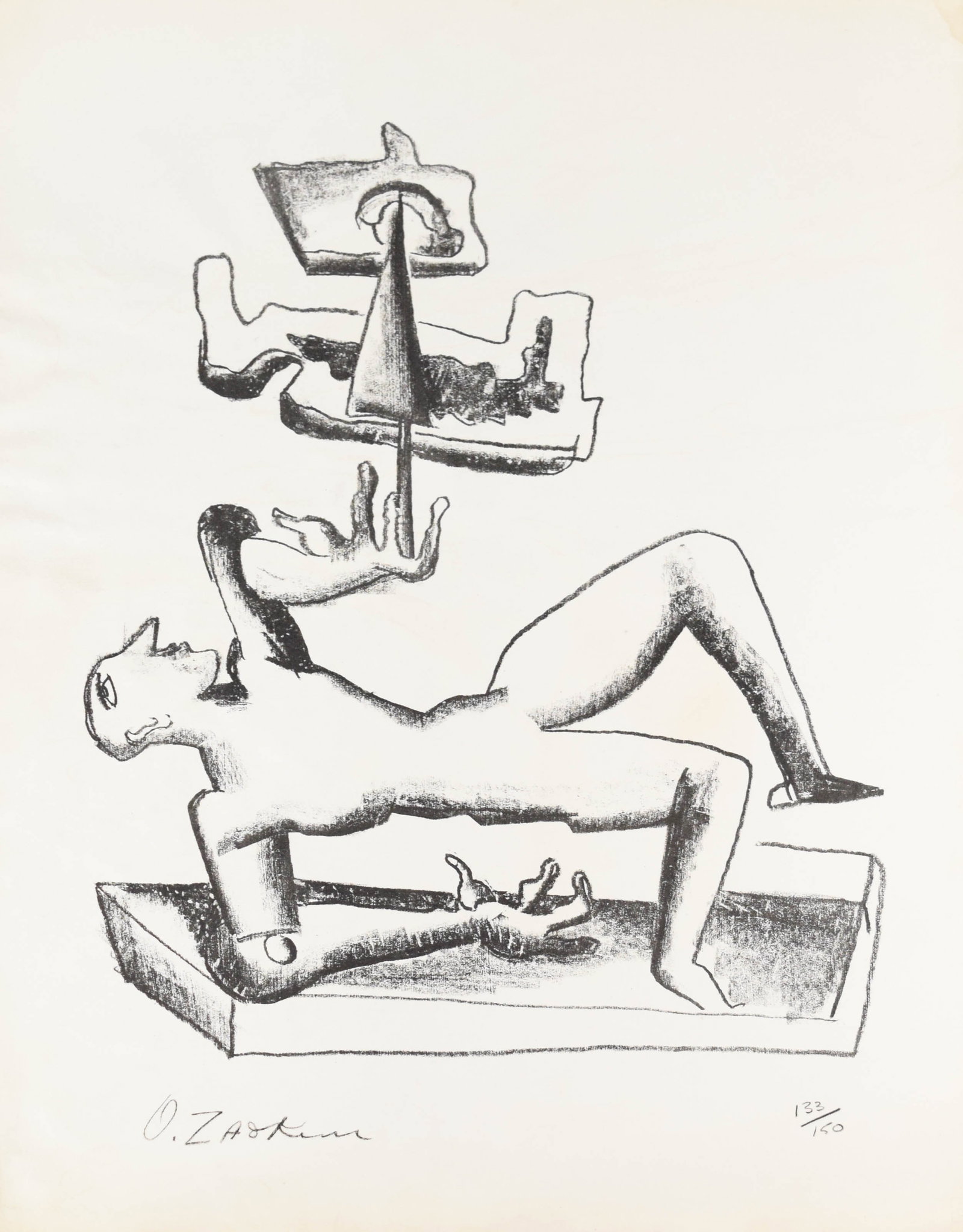Ossip Zadkine Lithograph Acrobat, 1964: Ossip Zadkine (Russian/French, 1890-1967). Lithograph, Acrobat, 1964. Pencil-signed O. Zadkine lower left and numbered 133/150 lower right. Blindstamp in lower right. 29 3/4" x 22 3/8" sheet size. Loc