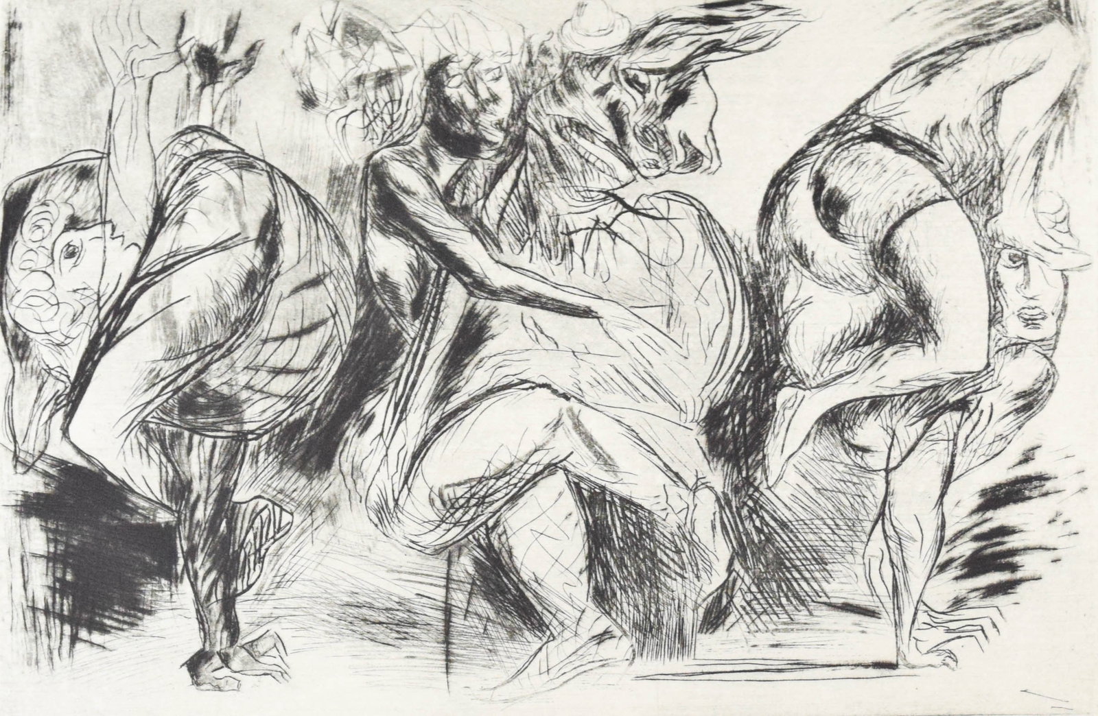Jose Clemente Orozco Etching Contorsionistas II: Jose Clemente Orozco (Mexican, 1883-1949). Etching on wove paper, Contorsionistas II. This specific impression is from the posthumous edition published in 1951, based on the original plate created in 