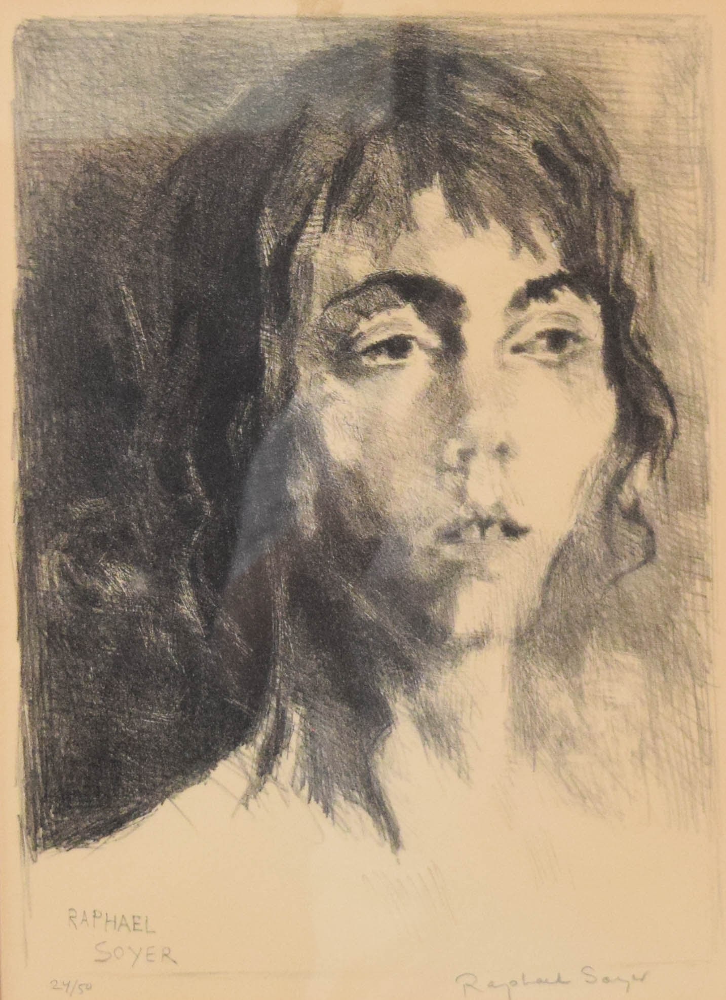 Raphael Soyer Lithograph Portrait of a Young Woman: Raphael Soyer (American, 1899-1987). Lithograph, portrait of a young woman. The work is executed with tonal shading and gestural lines characteristic of the artist's style. The print is signed Raphael
