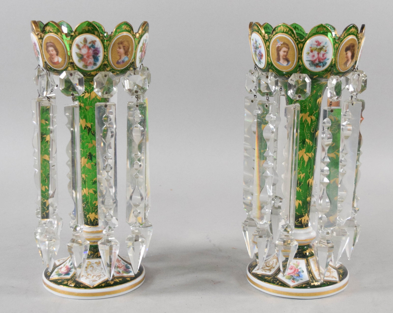 A Pair of Victorian Bohemian Emerald Green Cased Glass Lustres (1 of 17)