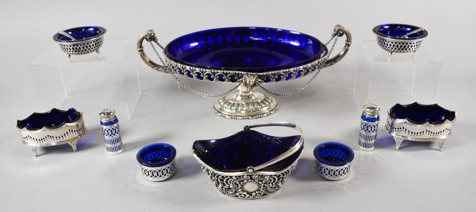 A 12-Piece Collection of Cobalt Blue Glass and Silver Tableware Including Gorham and Watson Sterling (1 of 16)