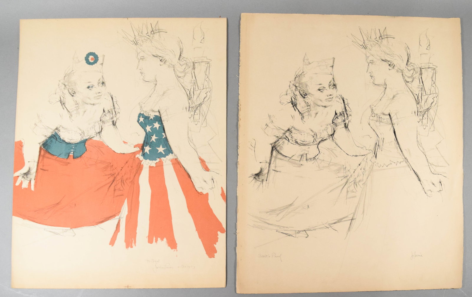 Jack Levine Two Signed Patriotic Allegorical Lithographs: Two original lithographs by American Social Realist artist Jack Levine (1915-2010), both depicting a patriotic allegorical scene featuring two female figures, one of whom is a personification of the S