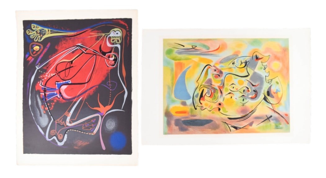 Andre Masson Pair of Signed Color Lithographs: Andre Masson (French, 1896-1987). Two color lithographs on wove paper, each pencil-signed lower right. Vertical print numbered 48/125 lower left, horizontal print numbered 135/300 lower left. Vertical