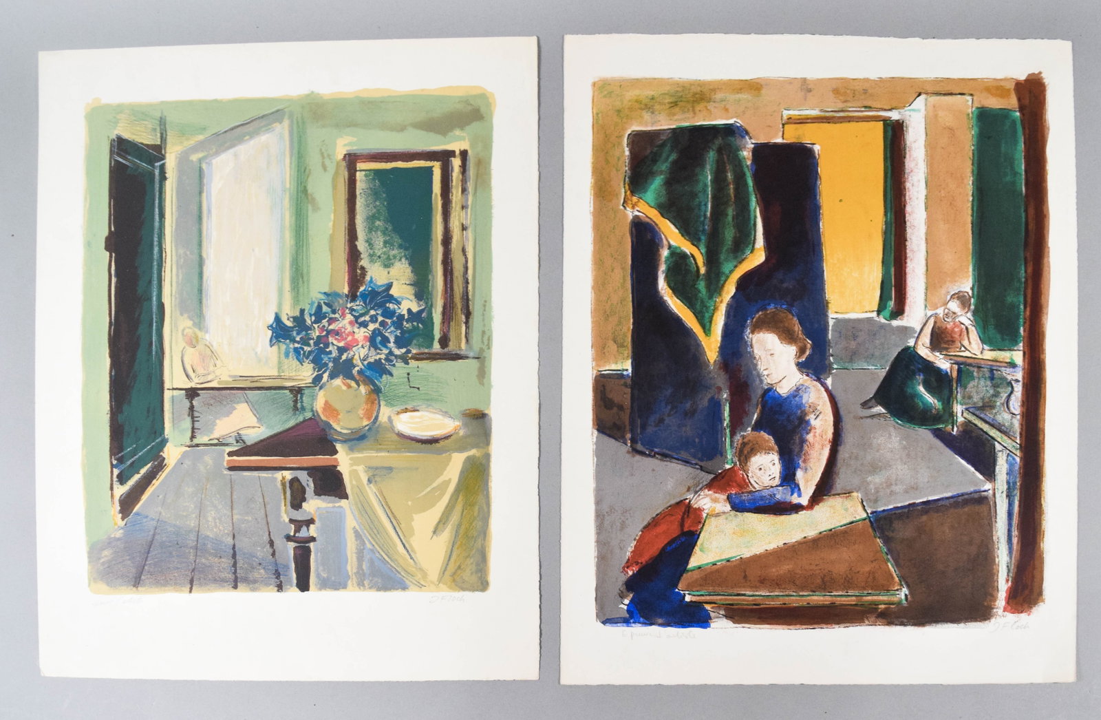 Joseph Floch Two Signed Color Lithographs: Joseph Floch (Austrian-American, 1894-1977. Two color lithographs. The first print features a still life composition with a floral arrangement in a rounded vase on a draped table, set within a room co
