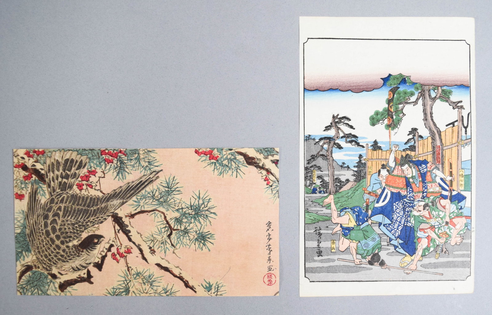 2 Japanese Woodblock Prints Attributed to Utagawa Hiroshige: Two Japanese woodblock prints attributed to Utagawa Hiroshige (1797-1858). The first is a horizontal bird-and-flower study depicting a hawk perched on a snow-covered pine branch with red berries. This