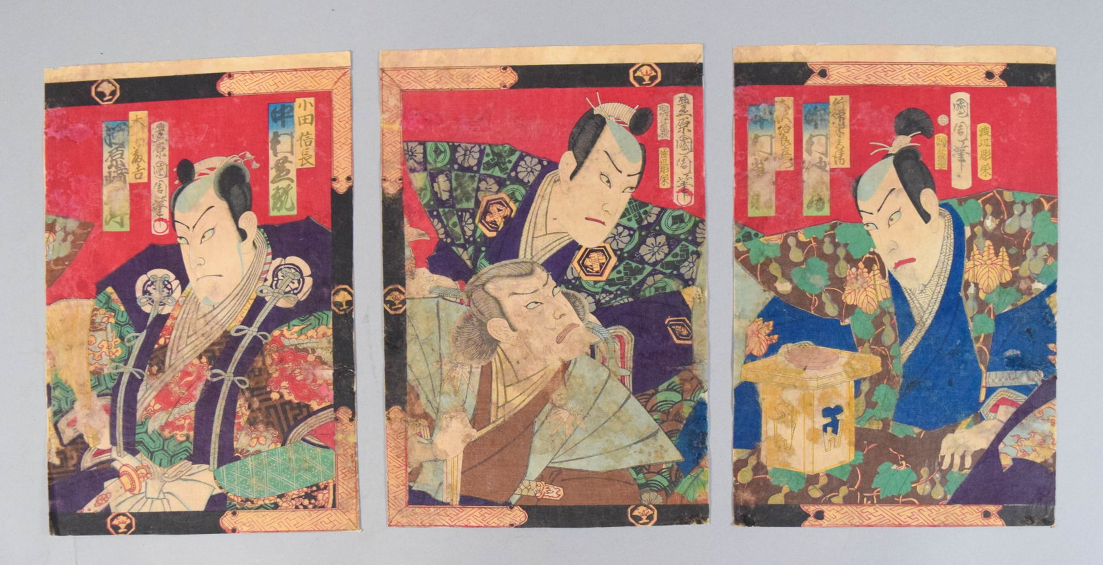 Toyohara Kunichika Trio of Kabuki Woodblocks: Toyohara Kunichika (Japanese, 1835-1900). Trio of Kabuki woodblocks, each scene depicting a theater performance with historical figures. Each print bears the artist signature cartouche Toyohara Kunich