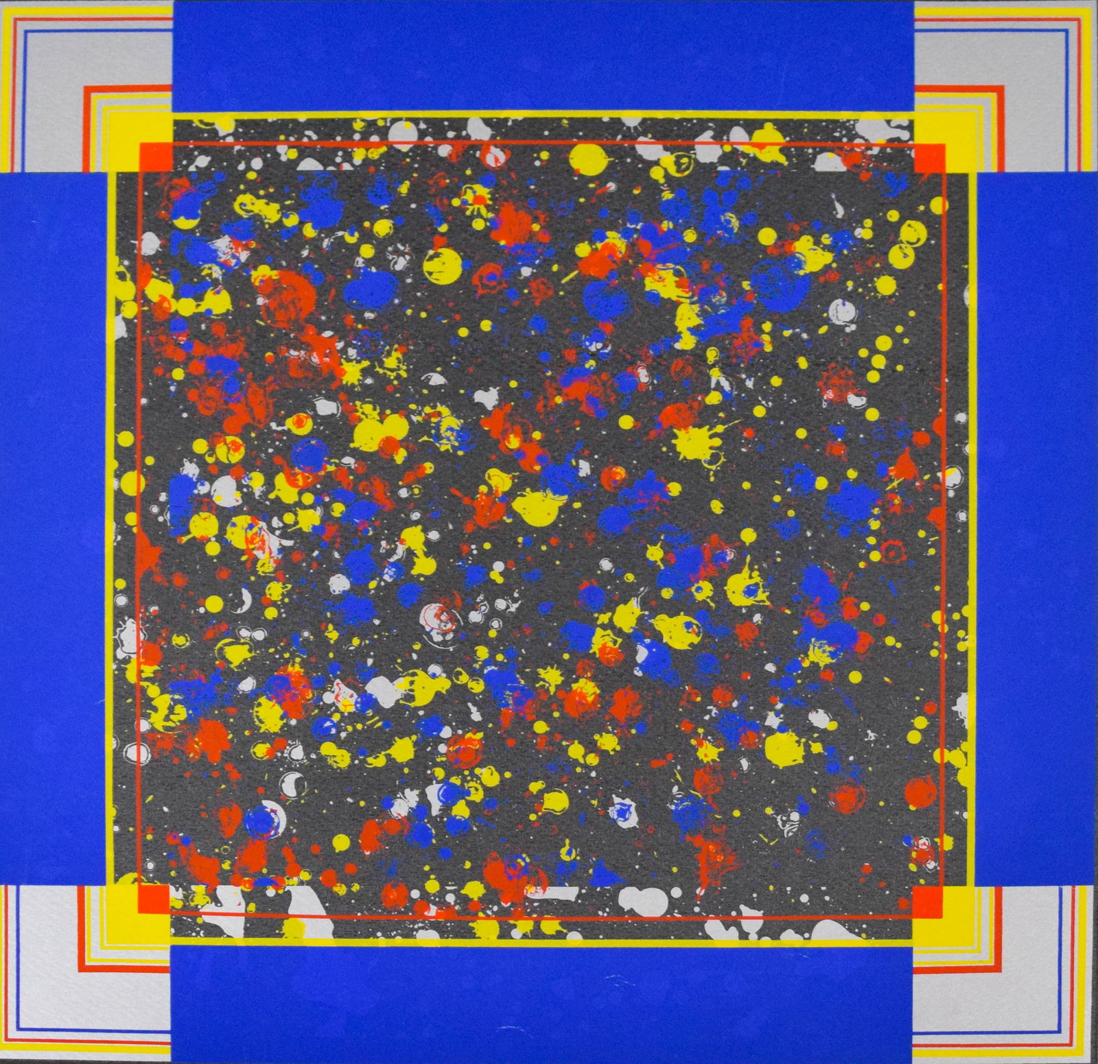 Mike Collins Screenprint Space, 1975: Mike Collins. Screenprint on wove paper, abstract composition. Pencil-signed and dated Mike Collins '75. Titled "Space" lower left and numbered 64/75 lower center. 25 7/8" x 19 7/8" sheet size. Locati