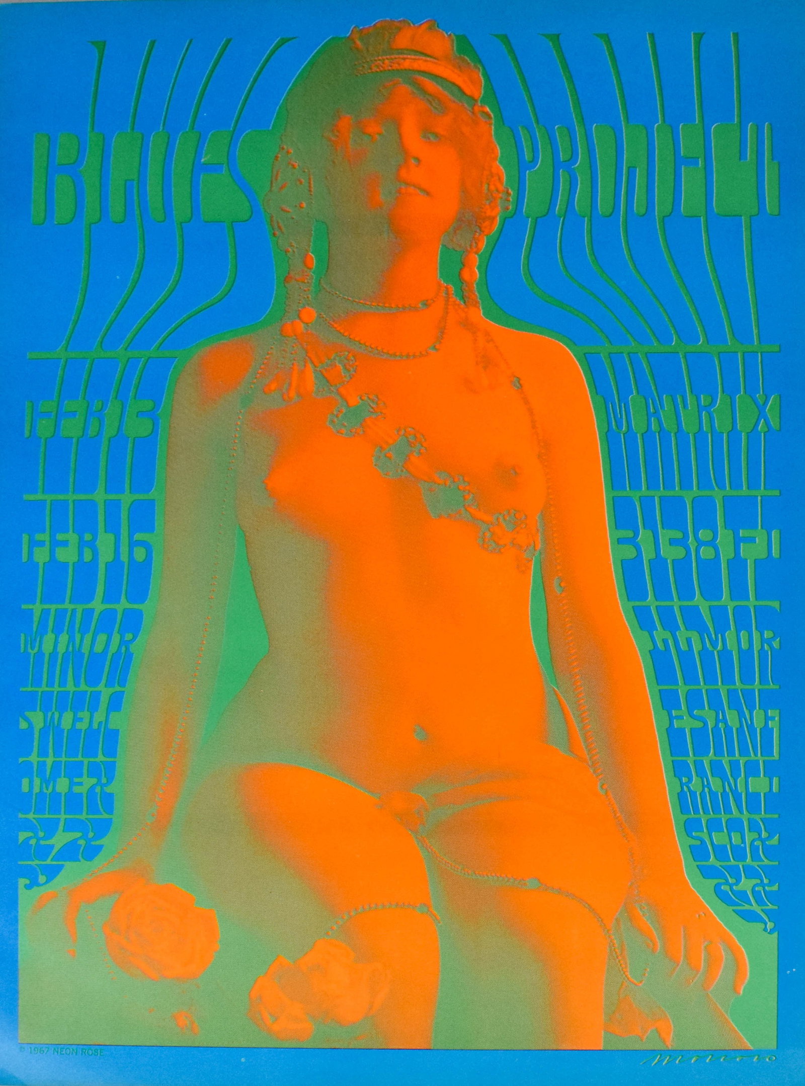 Victor Moscoso Neon Rose NR-10 Blues Project The Matrix Concert Poster, 1967: A vintage first-printing psychedelic concert poster from the Neon Rose series, designated as NR-10. This piece was designed by artist Victor Moscoso for a performance by the Blues Project at The Matri