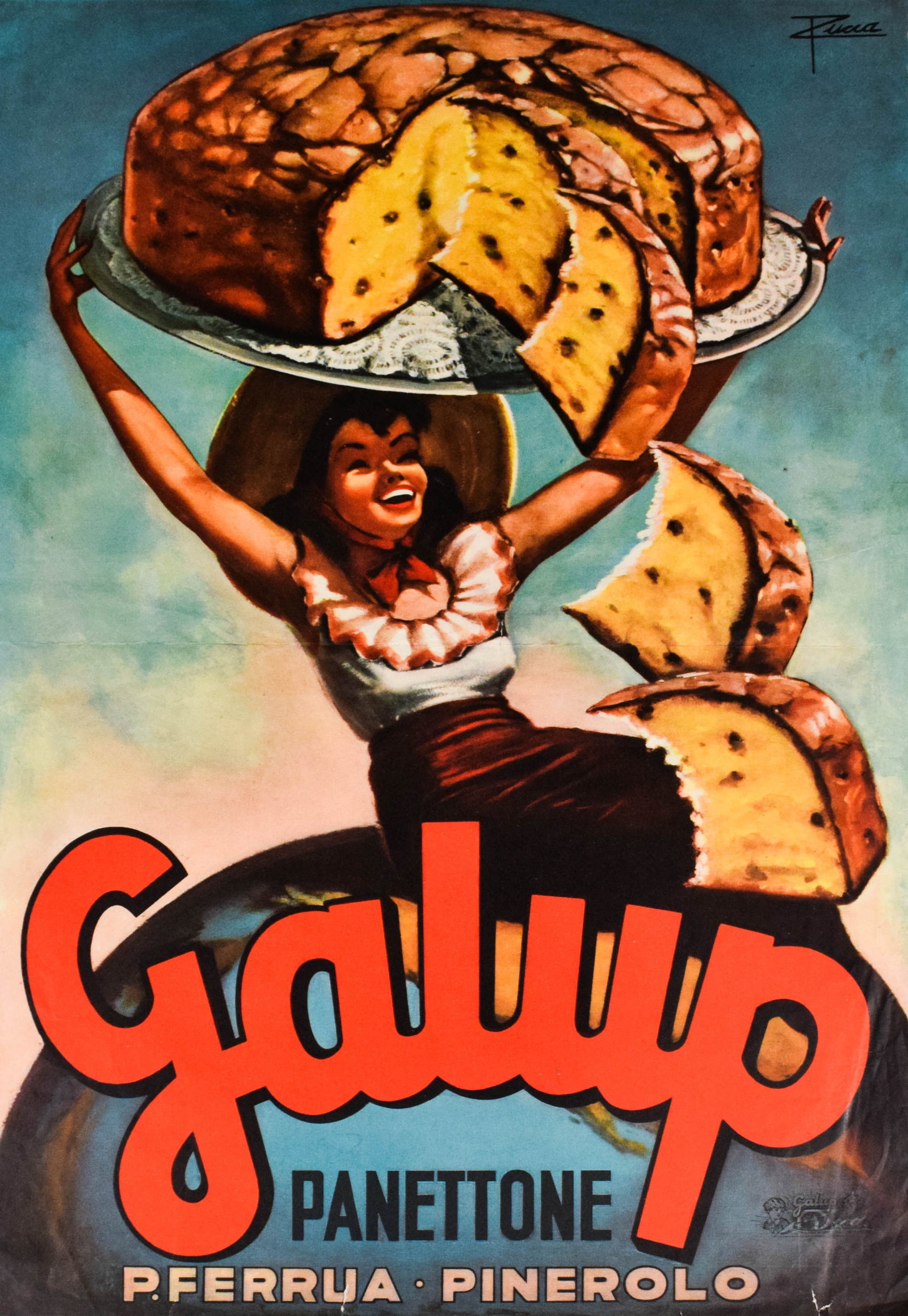 Zucca Lithograph Galup Panettone: This vintage Italian advertising poster for Galup Panettone is a color lithograph on paper designed by the artist Zucca. The graphic composition depicts a smiling woman in a white ruffled blouse and a