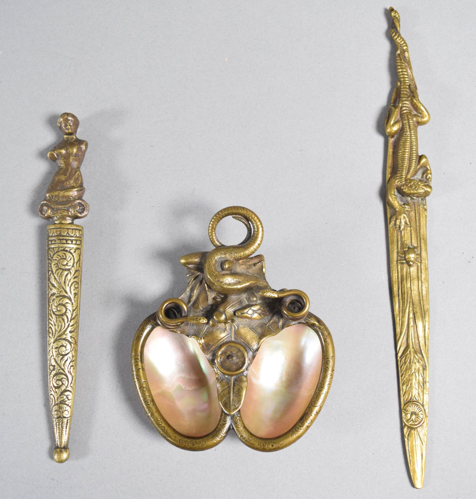 Group of 3 Art Nouveau Brass and Mother of Pearl Desk Accessories (1 of 12)