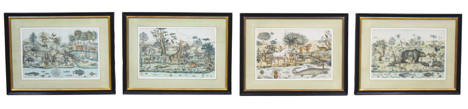 Set of 4 Vintage Teaching Aid Prints, Zones of the Earth: Set of four teaching aid prints titled "Zones of the Earth," attributed to Joseph Myers. Each composition depicts an arrangement of characteristic flora, fauna, and indigenous people in their respecti
