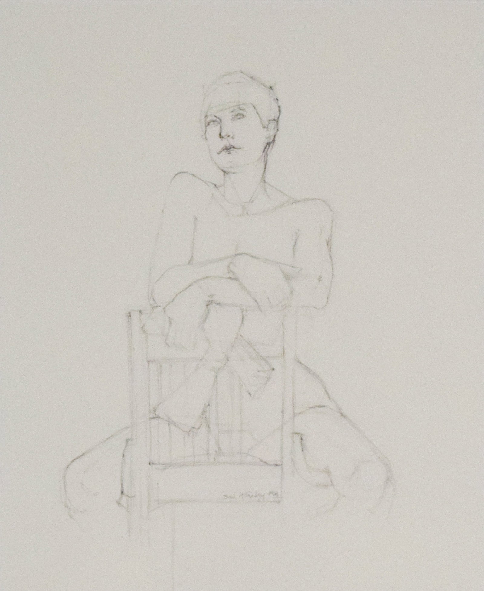 Sydney McGinley Graphite Drawing Seated Nude Figure: A minimalist figurative graphite drawing on off-white wove paper by American artist Sydney McGinley. The composition, titled Nude Figure in Chair, depicts a seated figure in a frontal pose with arms c