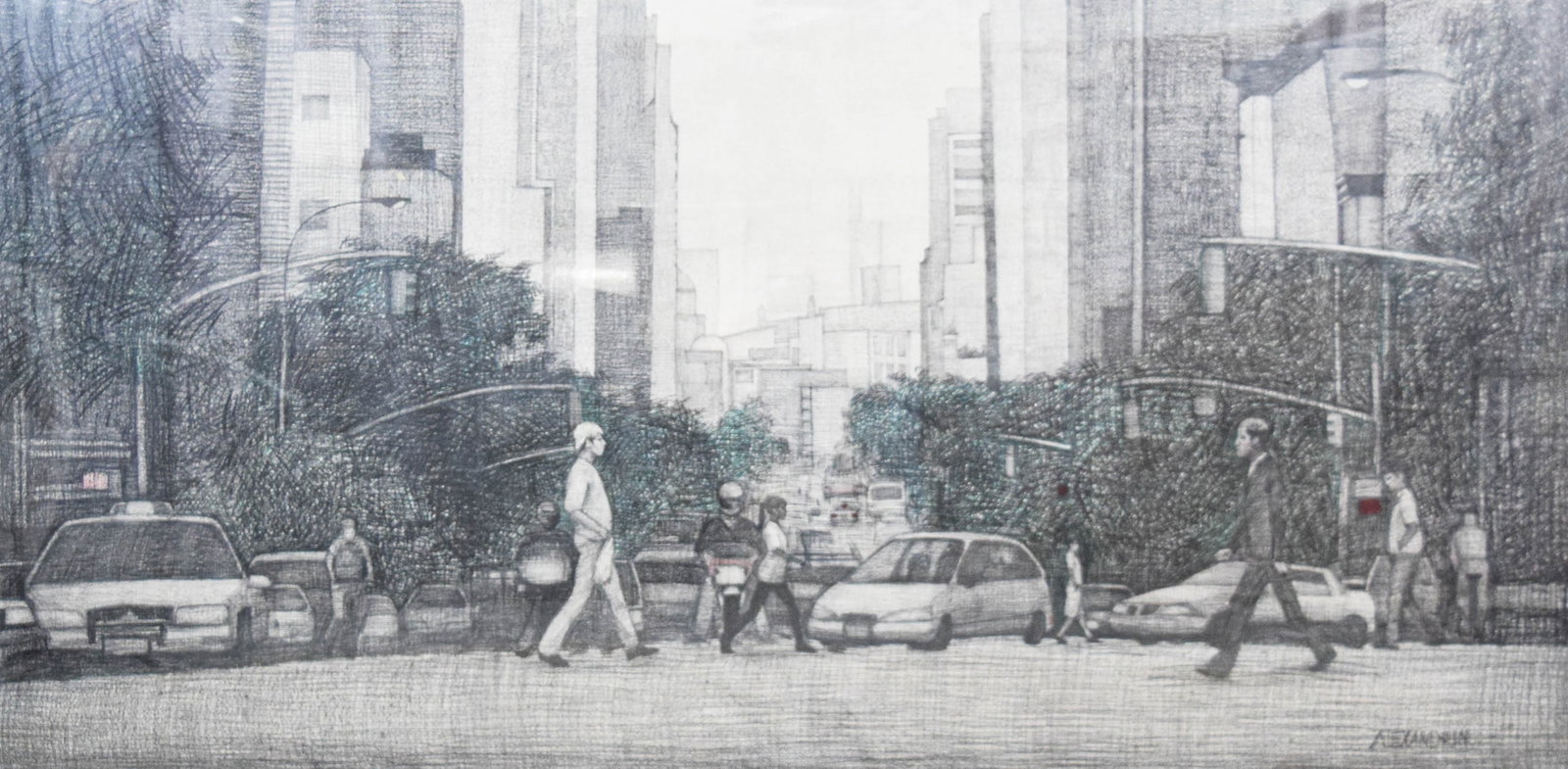 Anastasia Alexandrin Large-Scale Drawing New York City Street Scene: Anastasia Alexandrin (Ukrainian-American, b. 1983). Graphite and colored pencil on paper, large-scale contemporary urban landscape titled Landscape 2 NYC. Signed Alexandrin lower right. 35 1/2" x 71 1
