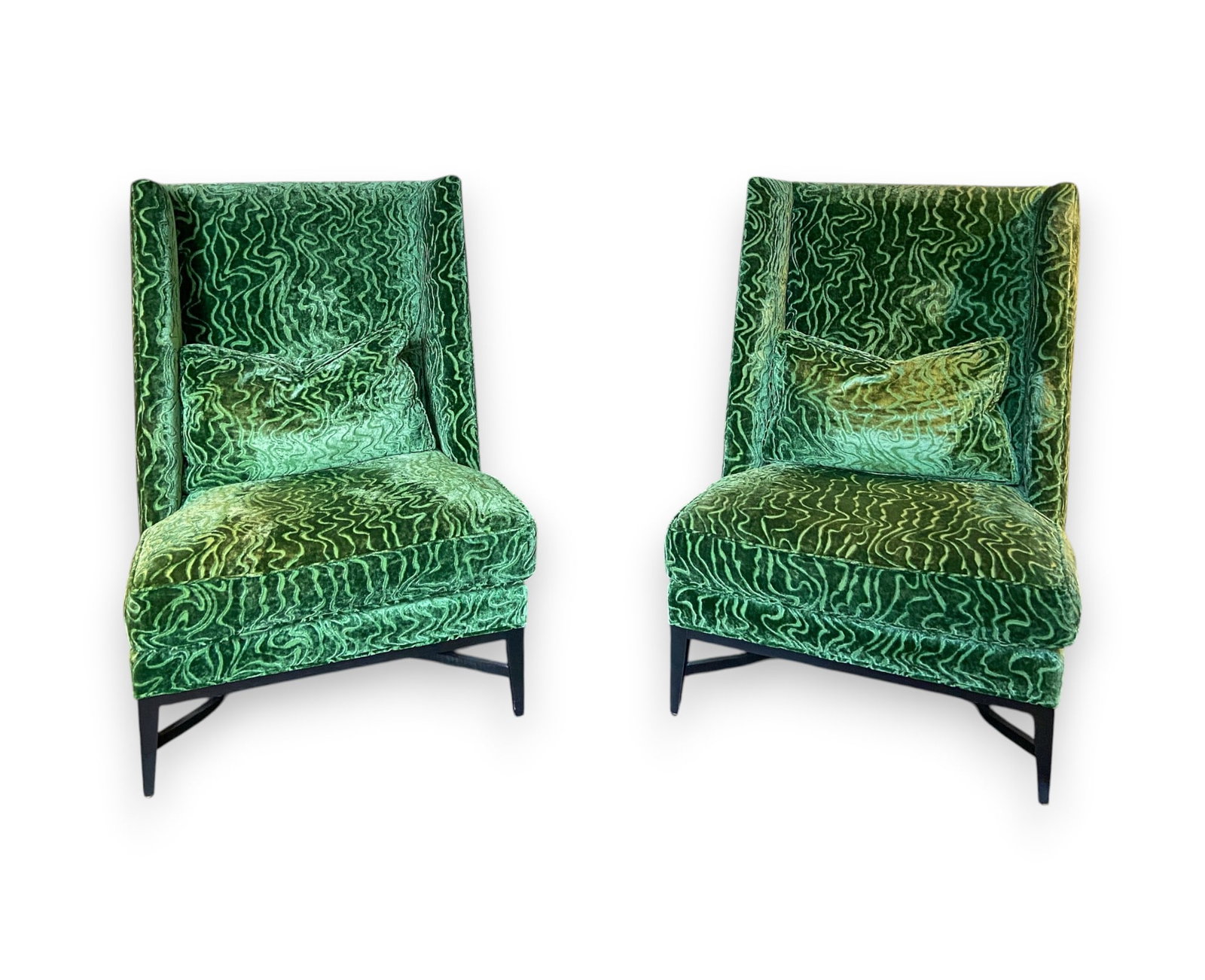 A Pair of Martin Industries High-Back Wing Chairs in Emerald Green Cut Velvet (1 of 7)