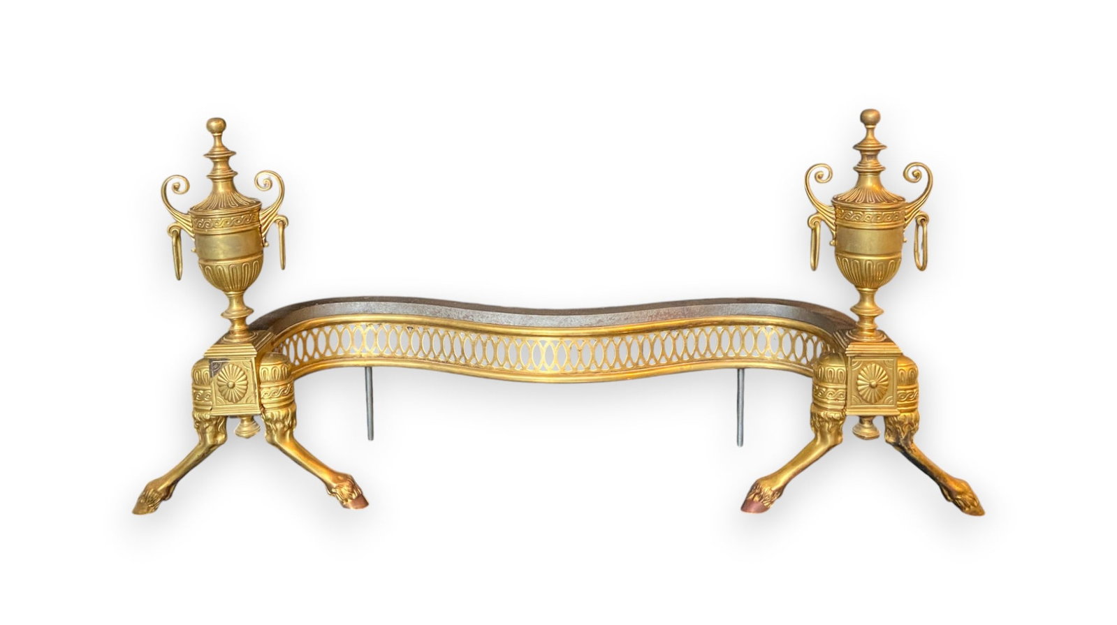 Neoclassical Brass and Iron Fireplace Fender with Urn Finials and Hooved Feet (1 of 4)