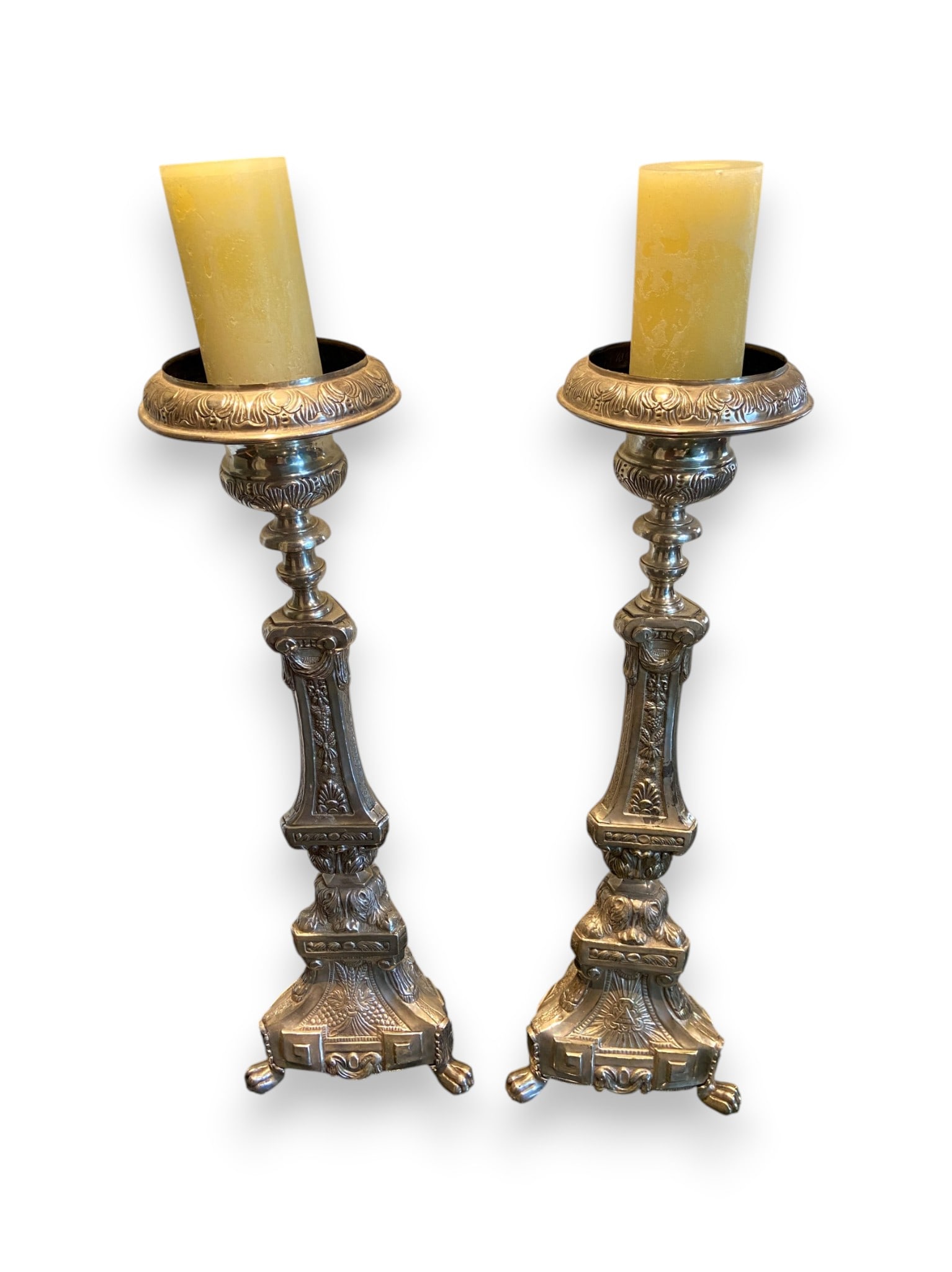 A Pair of Neoclassical Revival Style Patinated Metal Floor Candle Holders with Pillar Candles (1 of 5)