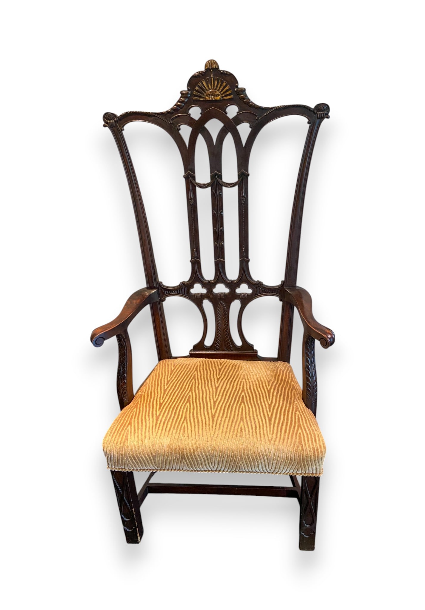 Chippendale Style Mahogany Rising Sun Tall Back Armchair (1 of 8)
