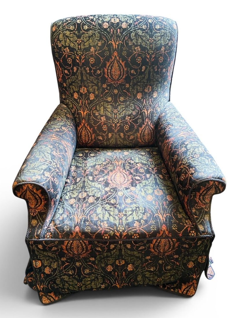 Rose Tarlow Melrose House Upholstered Armchair: Rose Tarlow Melrose House upholstered armchair. The piece features a high, flared back and rolled arms, with the base finished in a full-length kick-pleated skirt. It is upholstered in a heavyweight w