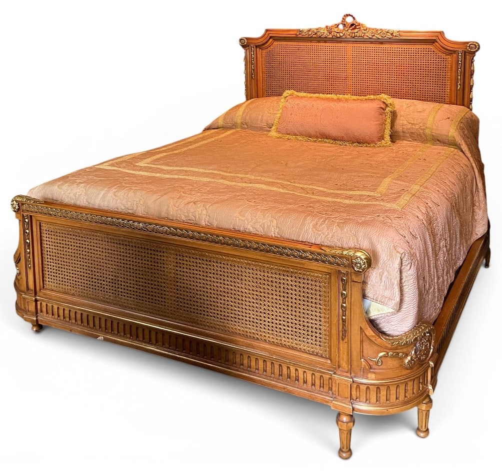 French Louis XVI Style Carved Giltwood and Caned Sleigh Bed Frame (1 of 8)