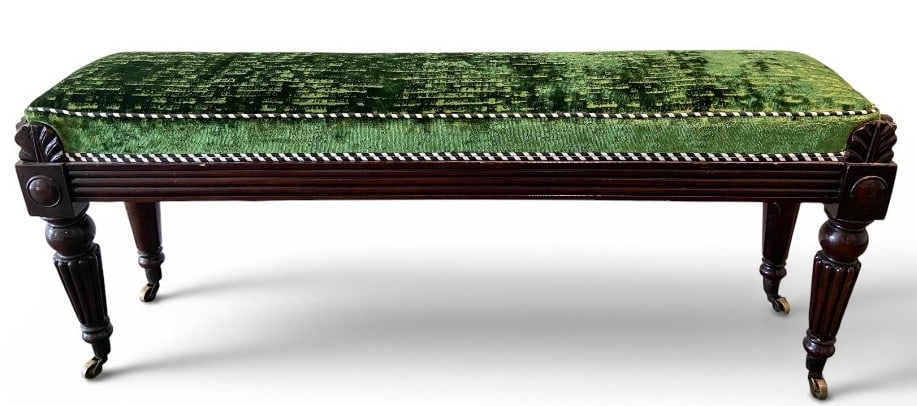 Regency Style Mahogany Upholstered Bench with Green Velvet Seat (1 of 6)