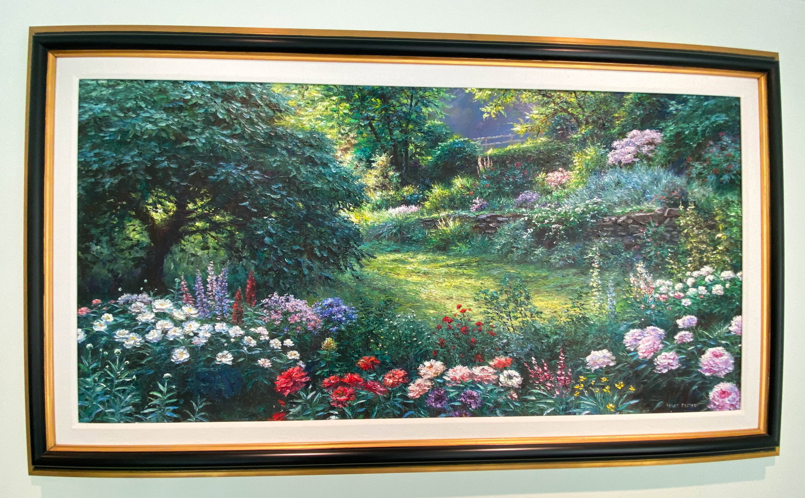 Henry Peeters, Large Impressionist Garden Landscape Oil on Canvas: This large-scale oil on stretched canvas depicts a lush garden landscape in a contemporary impressionistic style. The composition features a vibrant array of flowering plants, including clusters of wh