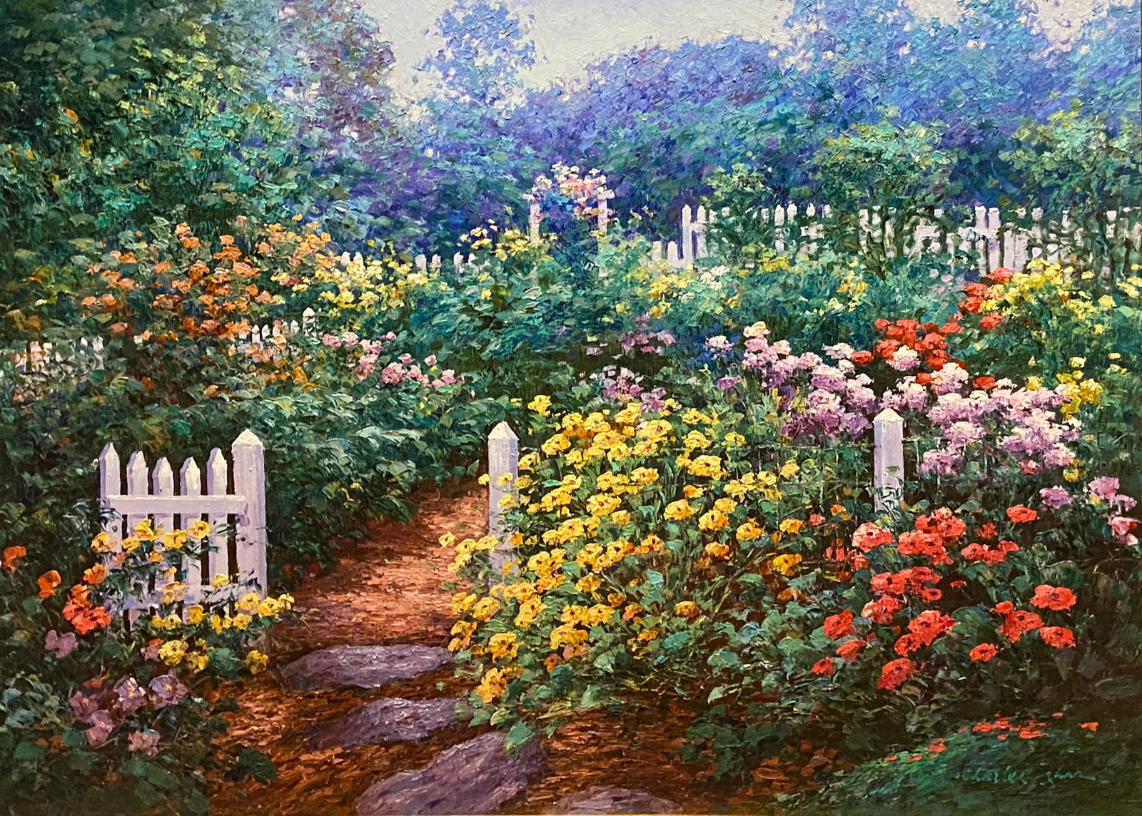 Charles Zhan Garden Landscape Impressionist Oil on Canvas: This large-scale oil on canvas painting by artist Charles Zhan depicts a lush garden landscape in a contemporary Impressionist style. The composition features a central dirt path with three stone step