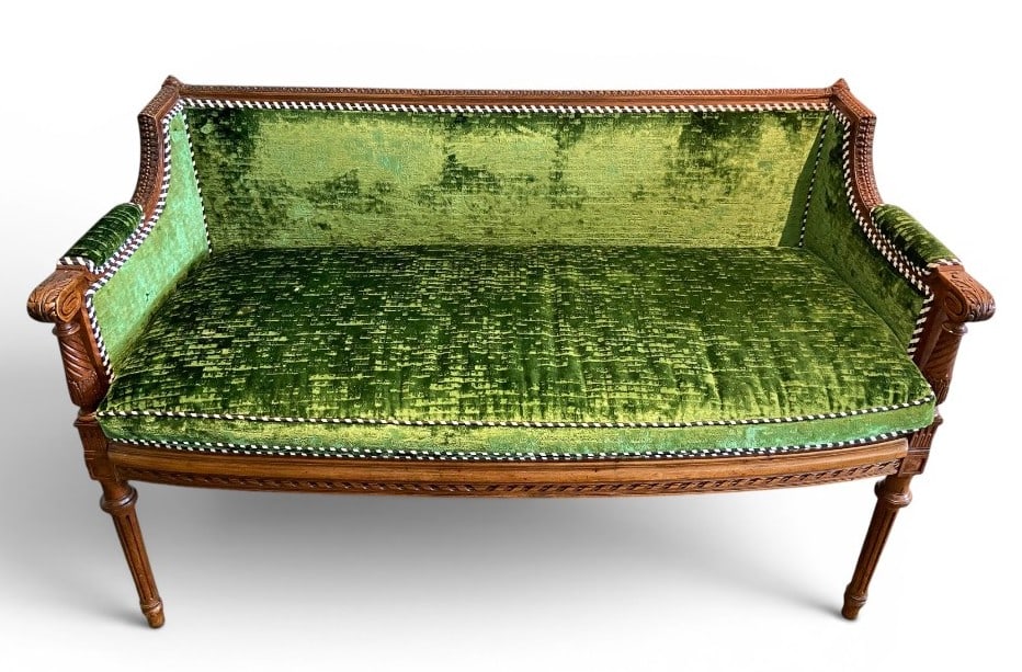 Victorian Louis XVI Revival Carved Wood and Green Velvet Settee (1 of 6)