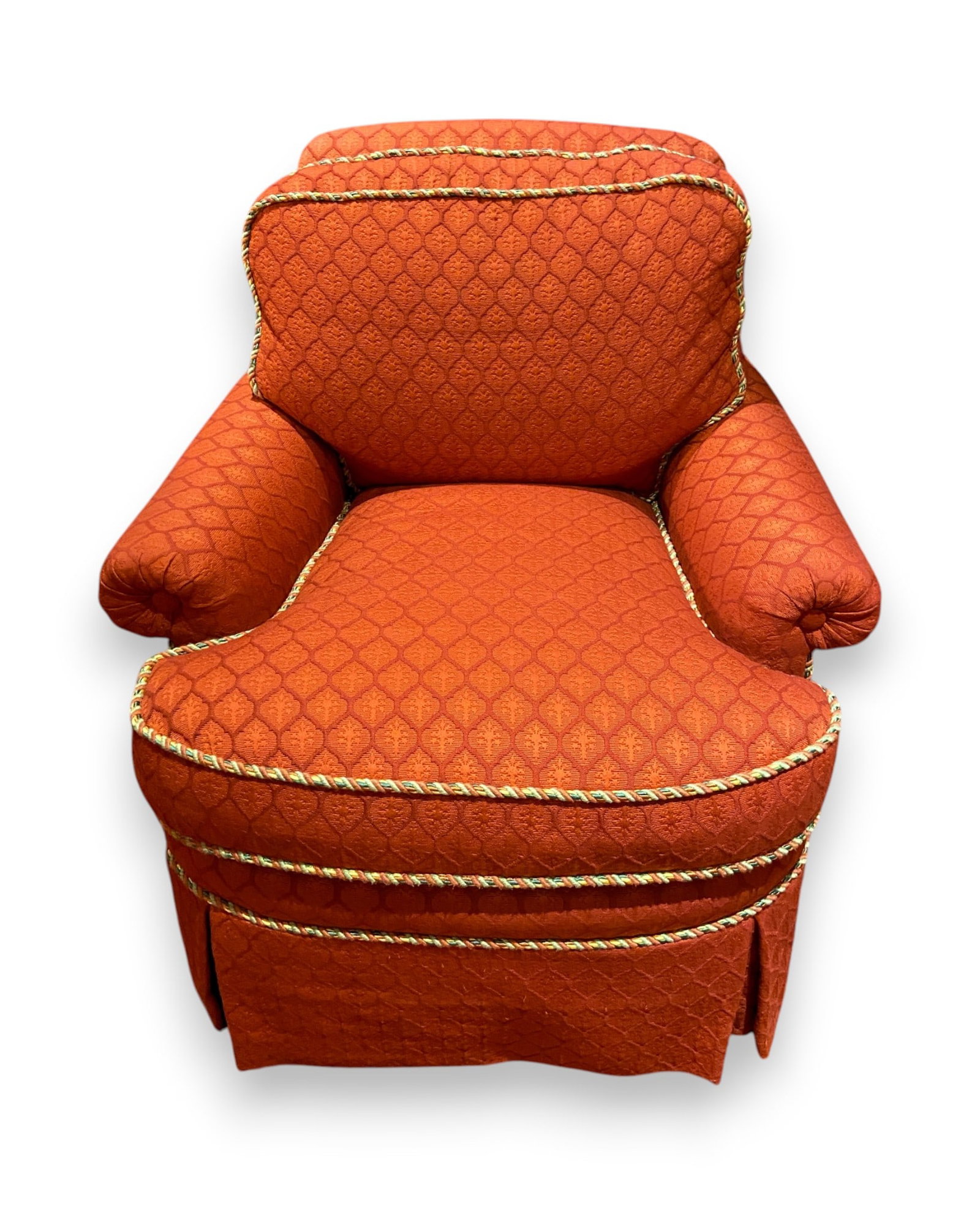 Lewis Mittman Upholstered Club Armchair: A single upholstered club-style armchair manufactured by Lewis Mittman. The chair features a traditional silhouette with a slightly rolled back, rolled arms, and loose seat and back cushions. It is fu
