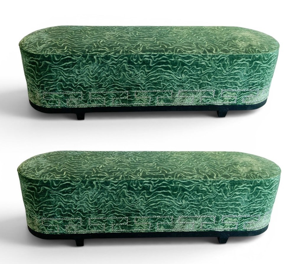 A Pair of Contemporary Green Cut-Velvet Upholstered Benches with Greek Key Nailhead Trim: A pair of contemporary, large-scale oval-form benches. Each is fully upholstered in a green cut-velvet fabric featuring an all-over wavy, swirling pattern. The lower edge of the upholstery is accented