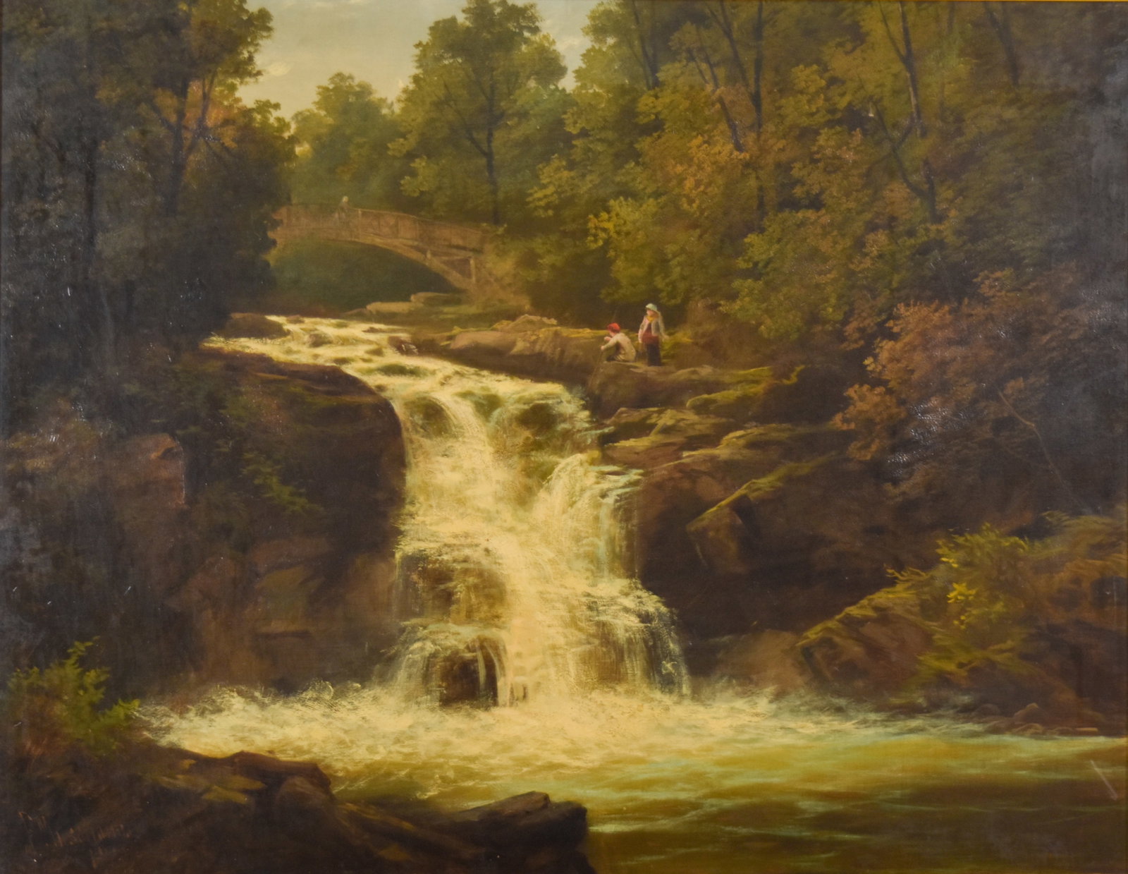 Hudson River School Oil on Canvas Waterfall, Signed F. Muschium: Hudson River School, oil on canvas, woodland landscape featuring a tiered waterfall. Signed F. Muschium lower left. Paper label on verso reading F. Muschium Waterfall. Sight: 27 x 35 in. Framed: 34 x 