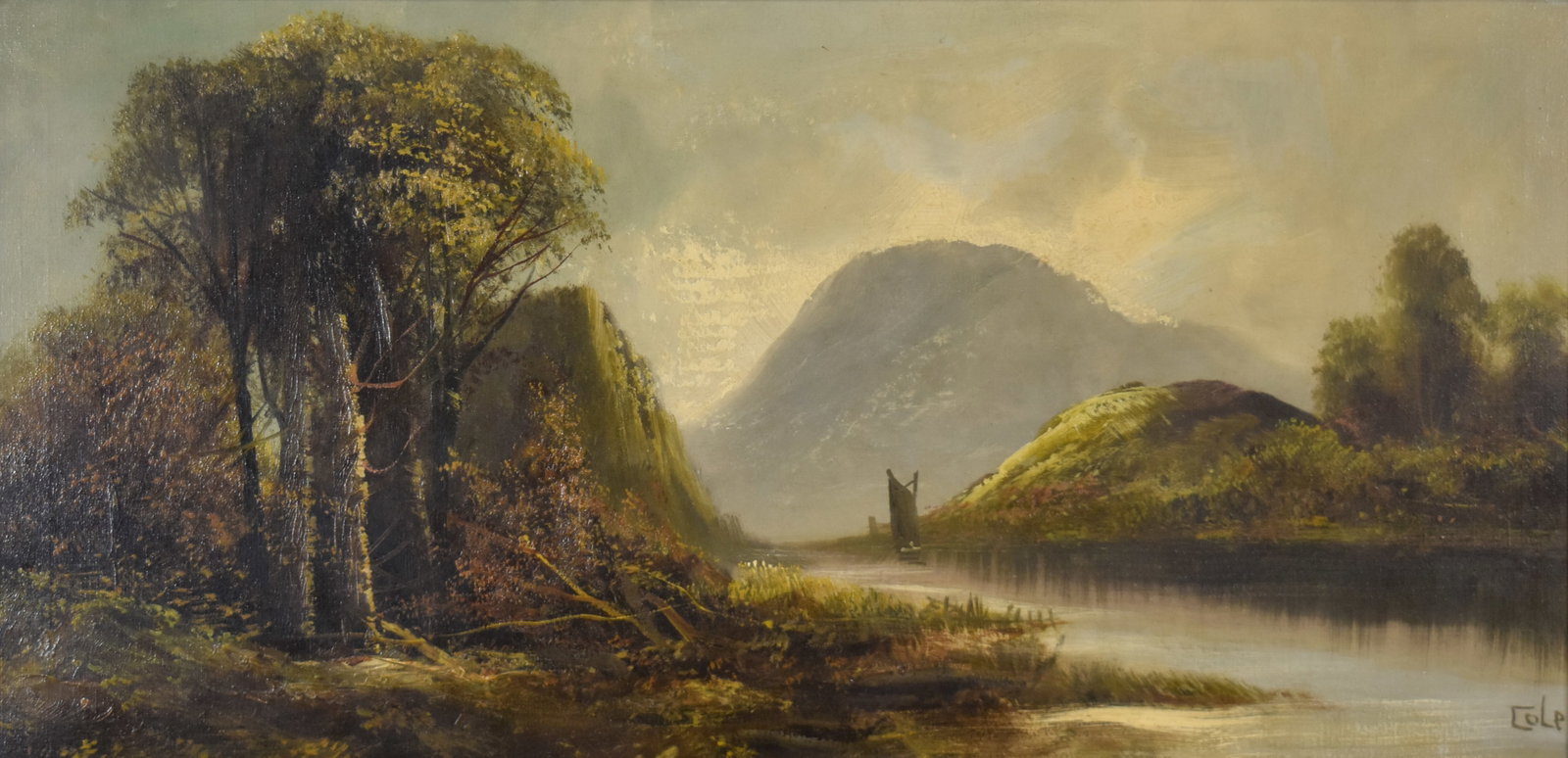 Signed Colp Oil On Canvas River Landscape: This oil on canvas landscape painting depicts an atmospheric river scene under a hazy, clouded sky. A prominent mountain peak dominates the background, framed by rolling green hills. It is signed in s