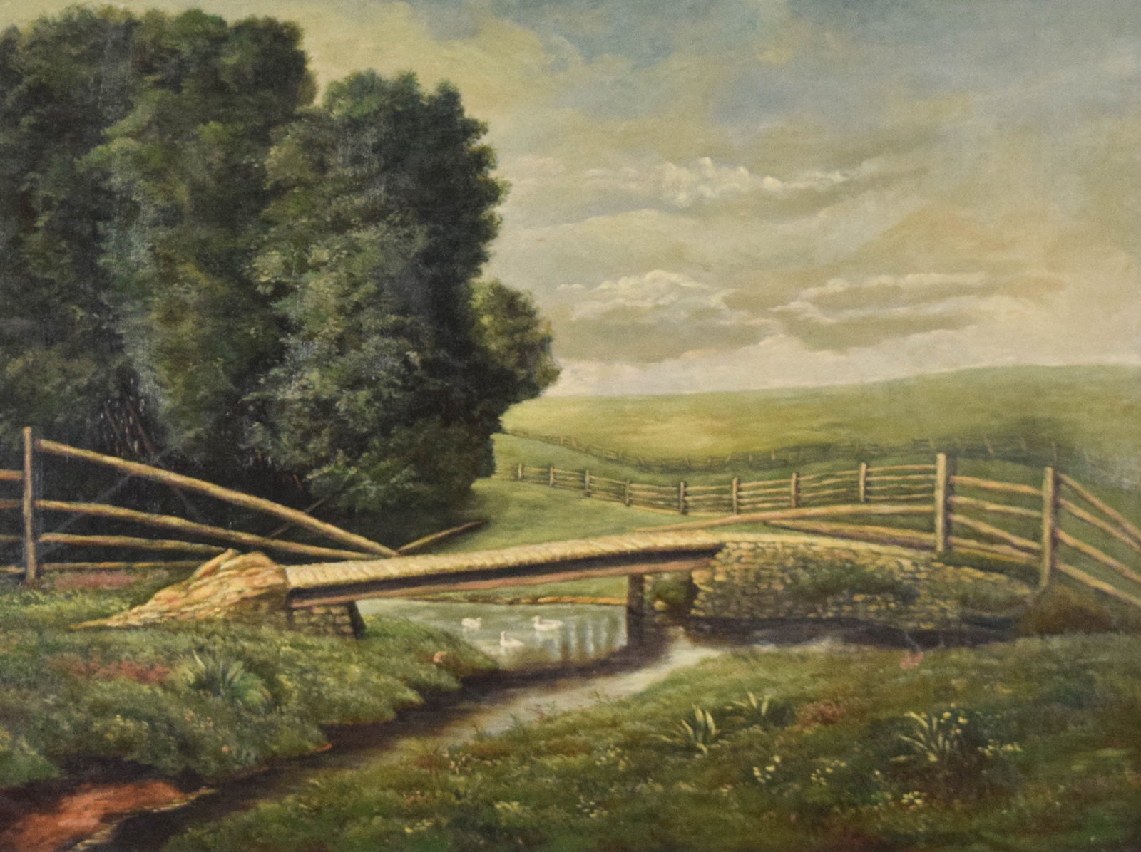 Signed Oil on Canvas Rural Landscape with Footbridge and Ducks: This oil on stretched canvas landscape depicts a rural scene featuring a wooden footbridge over a stream with white ducks. The painting is rendered in a realistic style with blended brushwork in the d