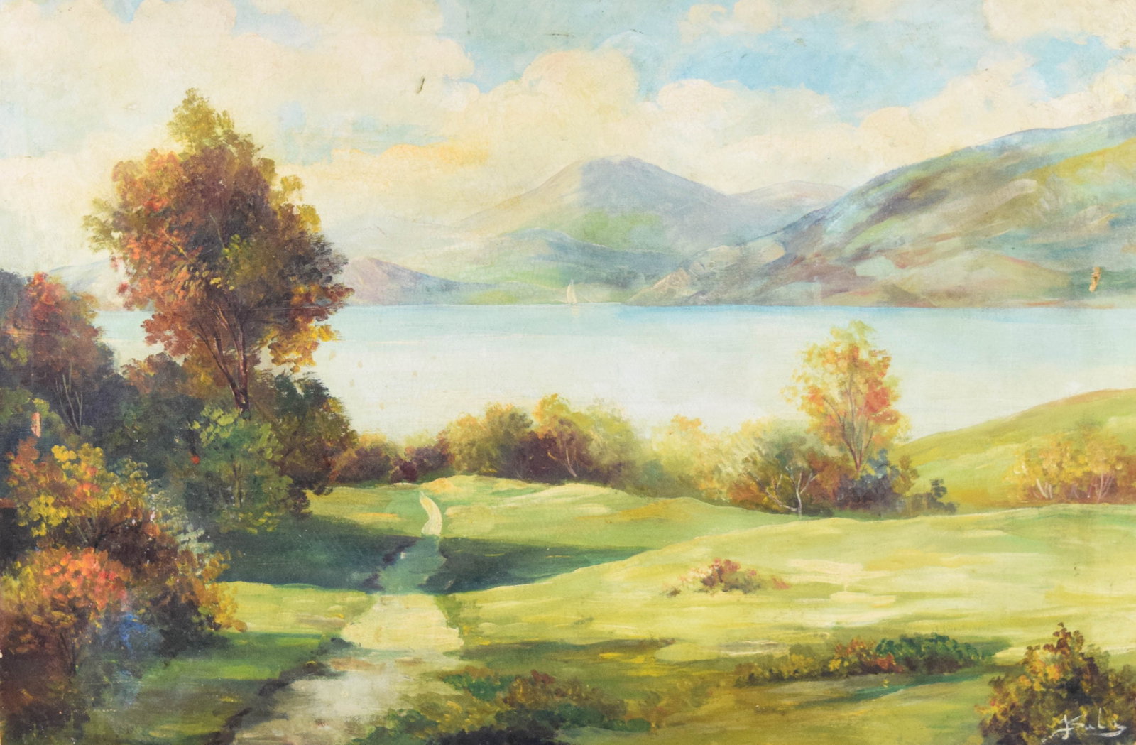 Signed Oil on Canvas Autumnal Lake Landscape (1 of 7)