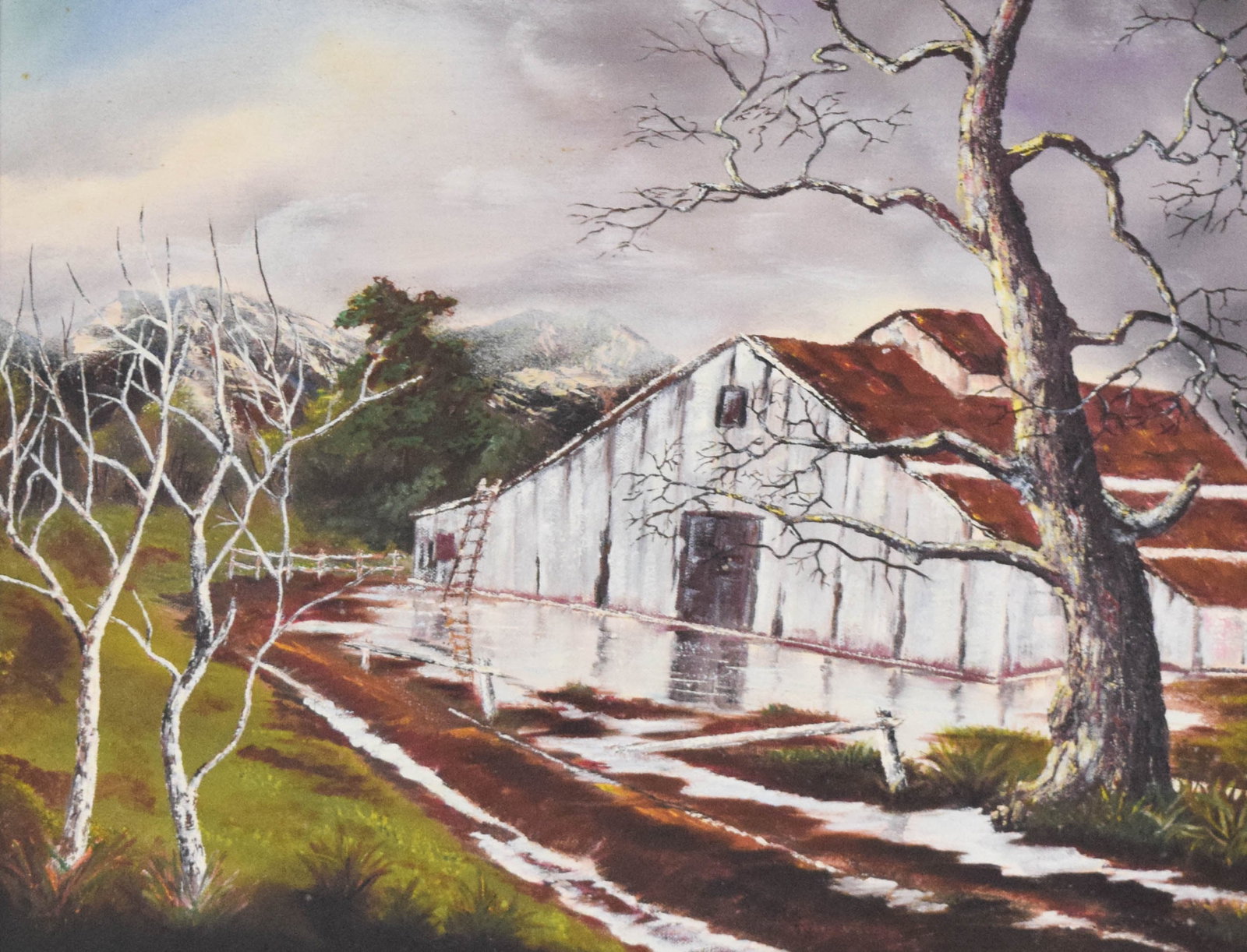 American School Oil on Canvas Late Autumn Barn Landscape: This 20th-century representational oil on canvas landscape depicts a white barn with a weathered red gambrel roof, reflecting in a flooded foreground after a storm. The work is unsigned and executed w