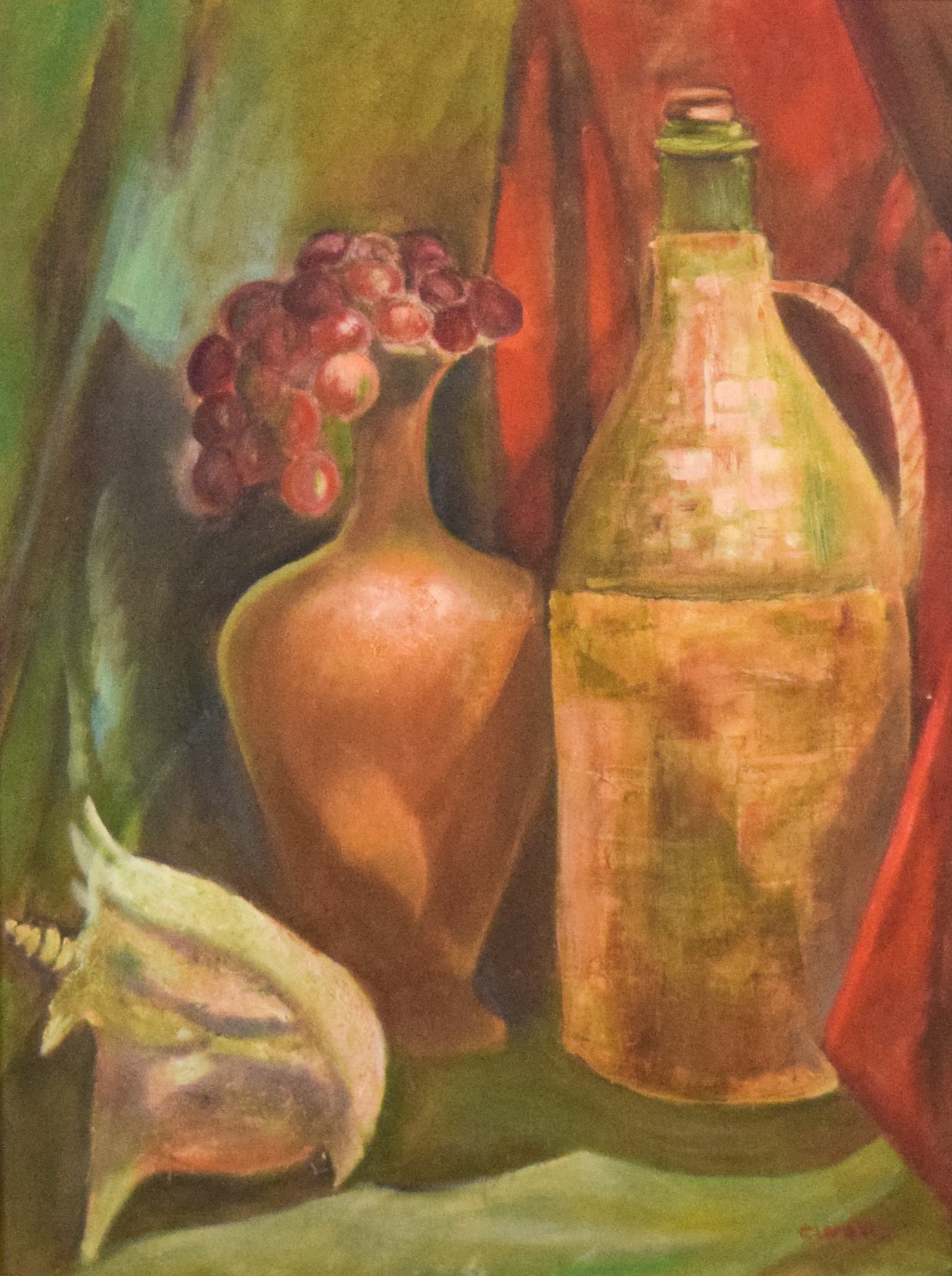 Cinotti Oil On Canvas Still Life: Cinotti (20th century). Oil on canvas, still life with wine and grapes. Signed lower right and on verso. 23 3/4" x 17 5/8" sight size, 32 1/4" x 26 1/4" with frame. Location: Bin 13