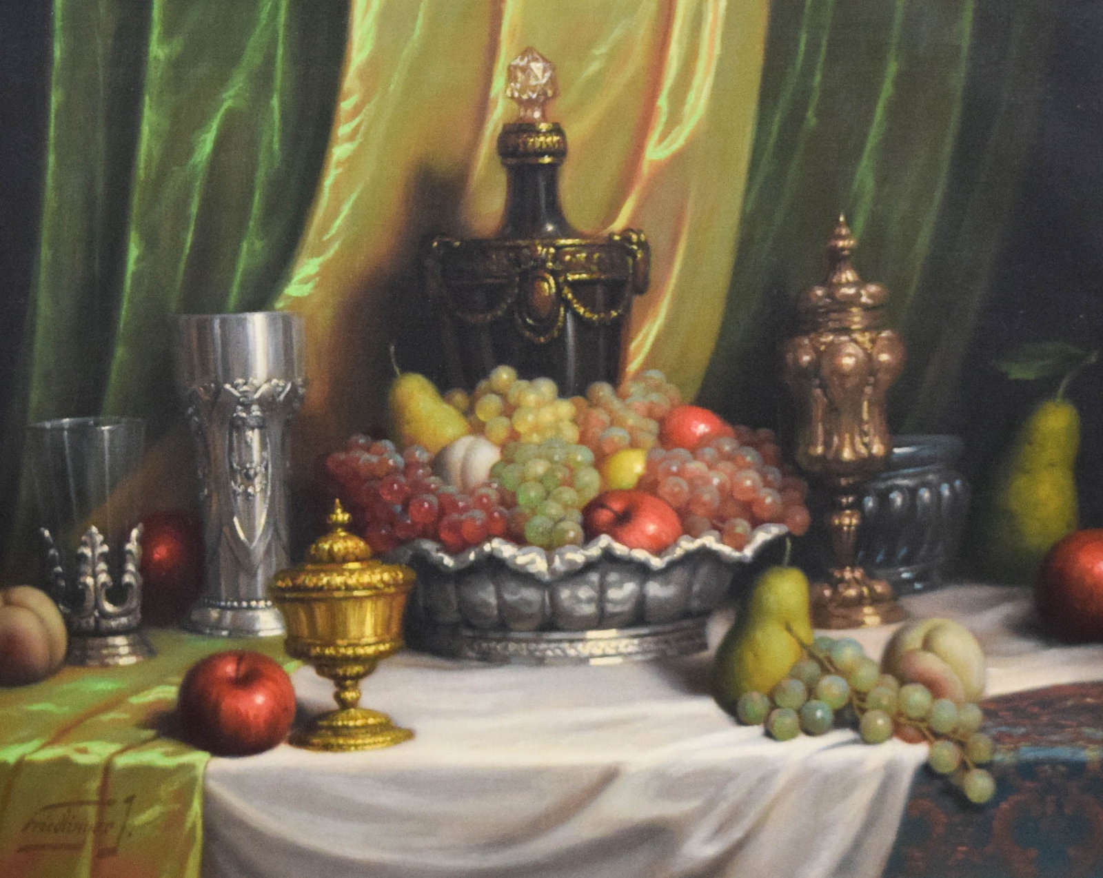 John (Jeno) Friedlinger Oil on Canvas Still Life with Fruit and Ornate Silver: John (Jeno) Friedlinger (Hungary, 1890-1963). Classical still life in a traditional academic style. The composition features a central lobed silver compote overflowing with an abundance of red and gre