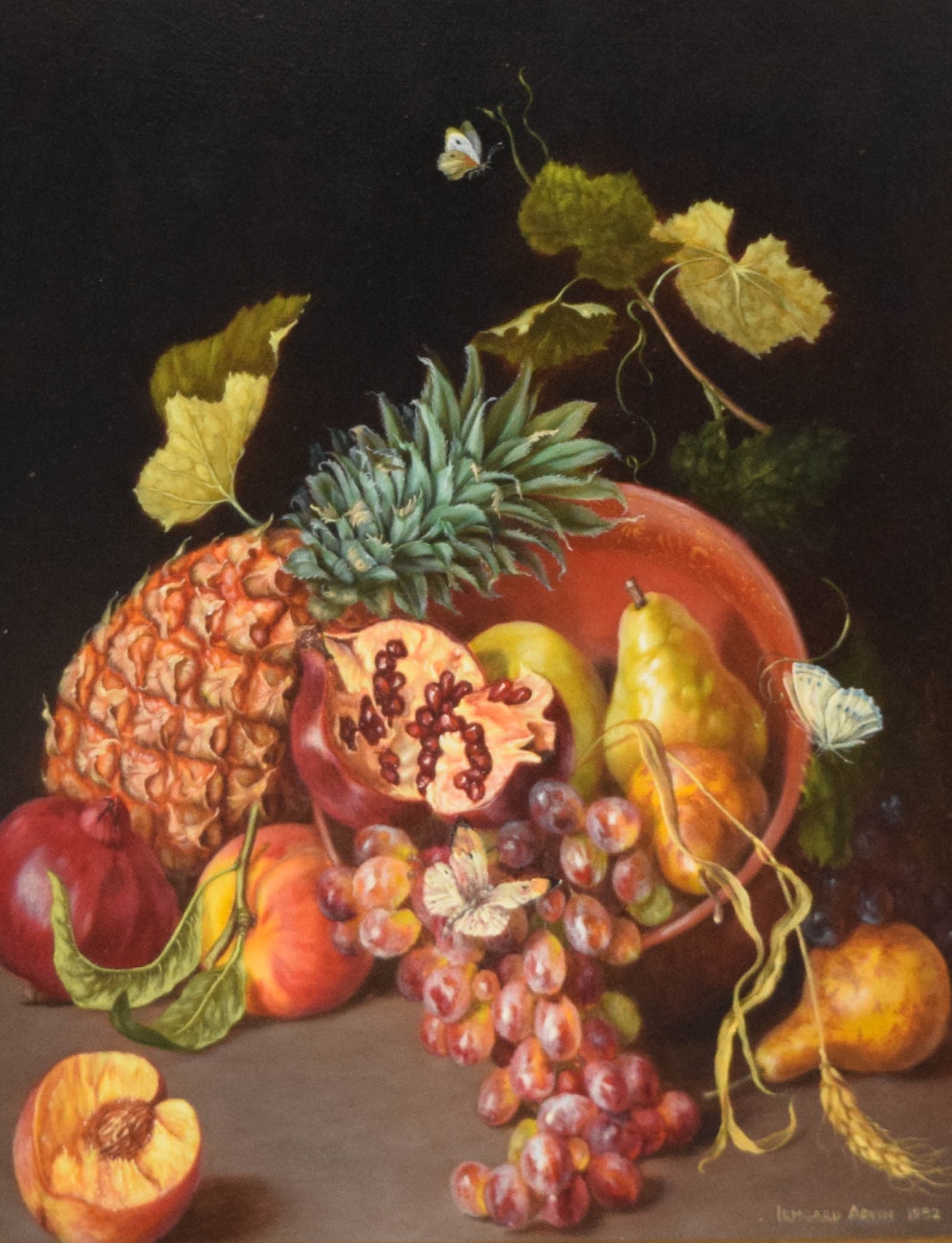 Irmgard Arvin Oil on Panel Still Life with Fruit and Butterflies: Irmgard Arvin (American, 1923-1996). Oil on panel, still life with fruit and butterflies, 1982. Signed lower right. 19 1/4" x 15 1/4" sight size, 24 1/2" x 20 1/2" with frame. Location: Bin 70
