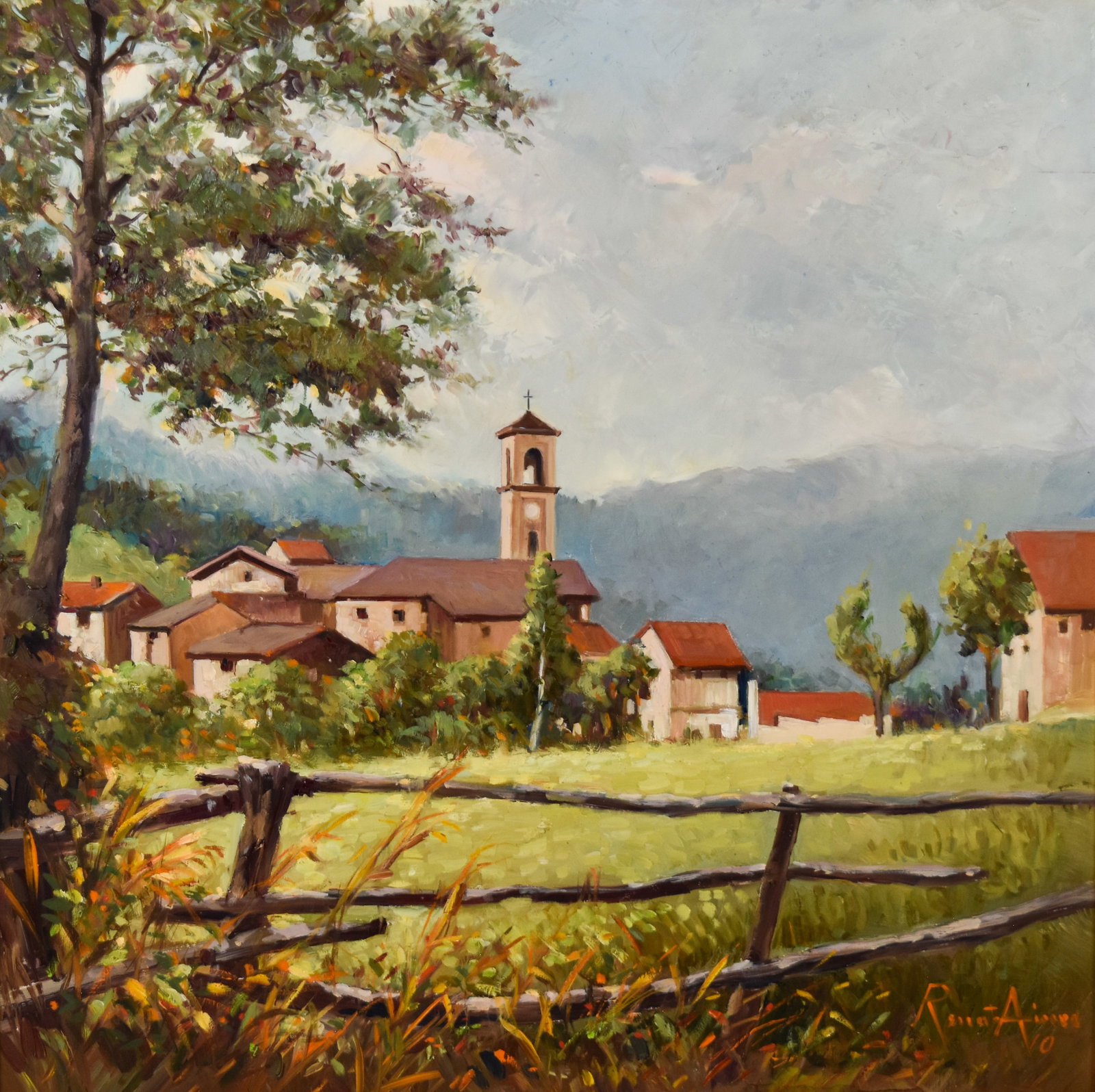 Renato Aime Oil on Board Village Landscape: Renato Aime (Italian-American, 1946-2014). Oil on board, impressionistic village landscape, 2010. The work exhibits broad brushwork with visible impasto in the foliage and sky. The painting is signed 