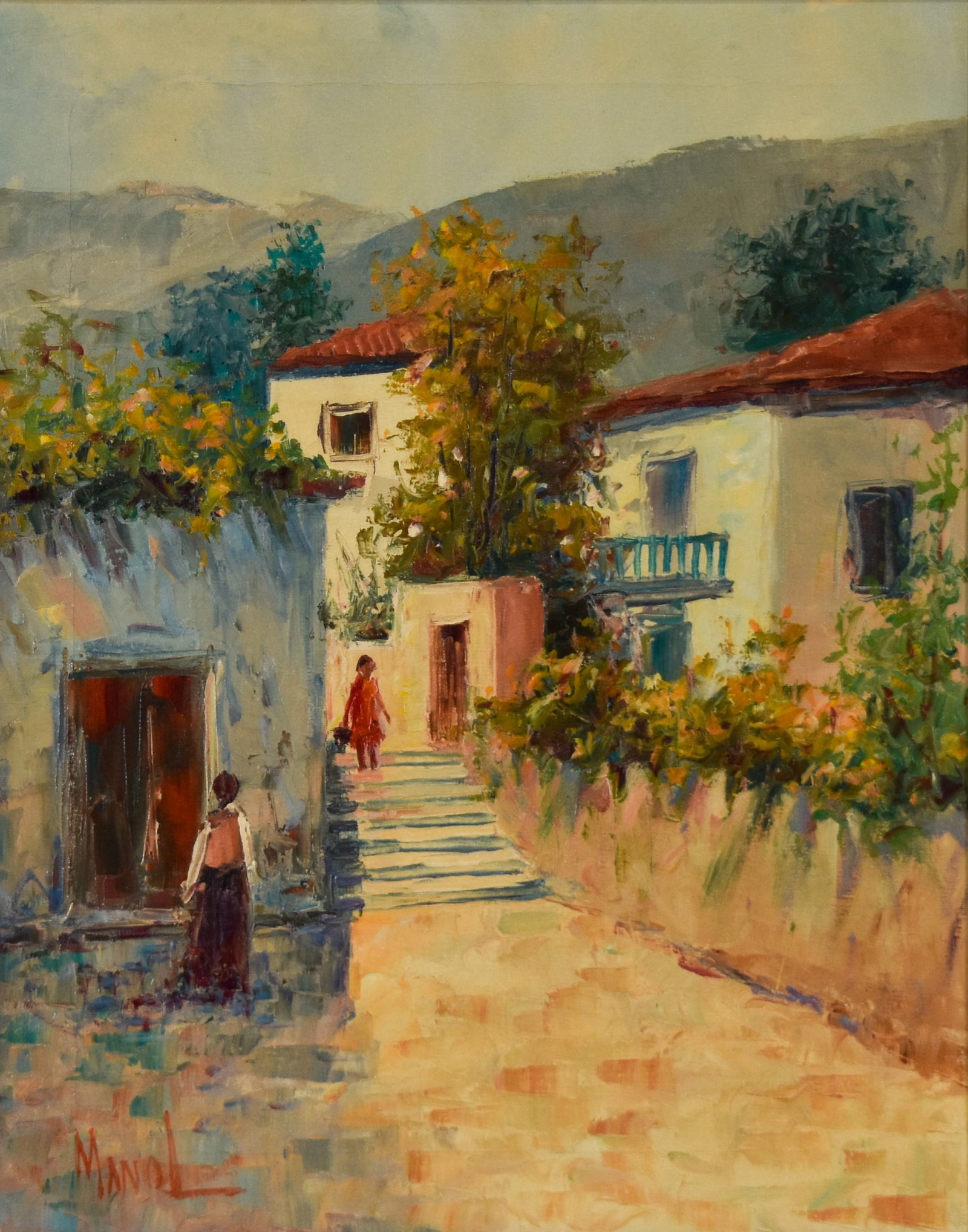 John Adamos Manol Oil on Canvas Mediterranean Village Street Scene (1 of 11)
