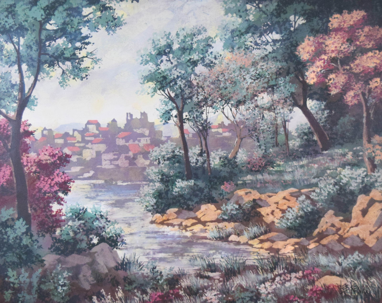Lee Reynolds Oil on Canvas River Landscape: Lee Reynolds Burr (American, b. 1936). Oil on canvas, Mid-Century Modern river landscape with hillside village. Signed lower right. 41" x 51" x 1 1/2" with frame. Bin 70