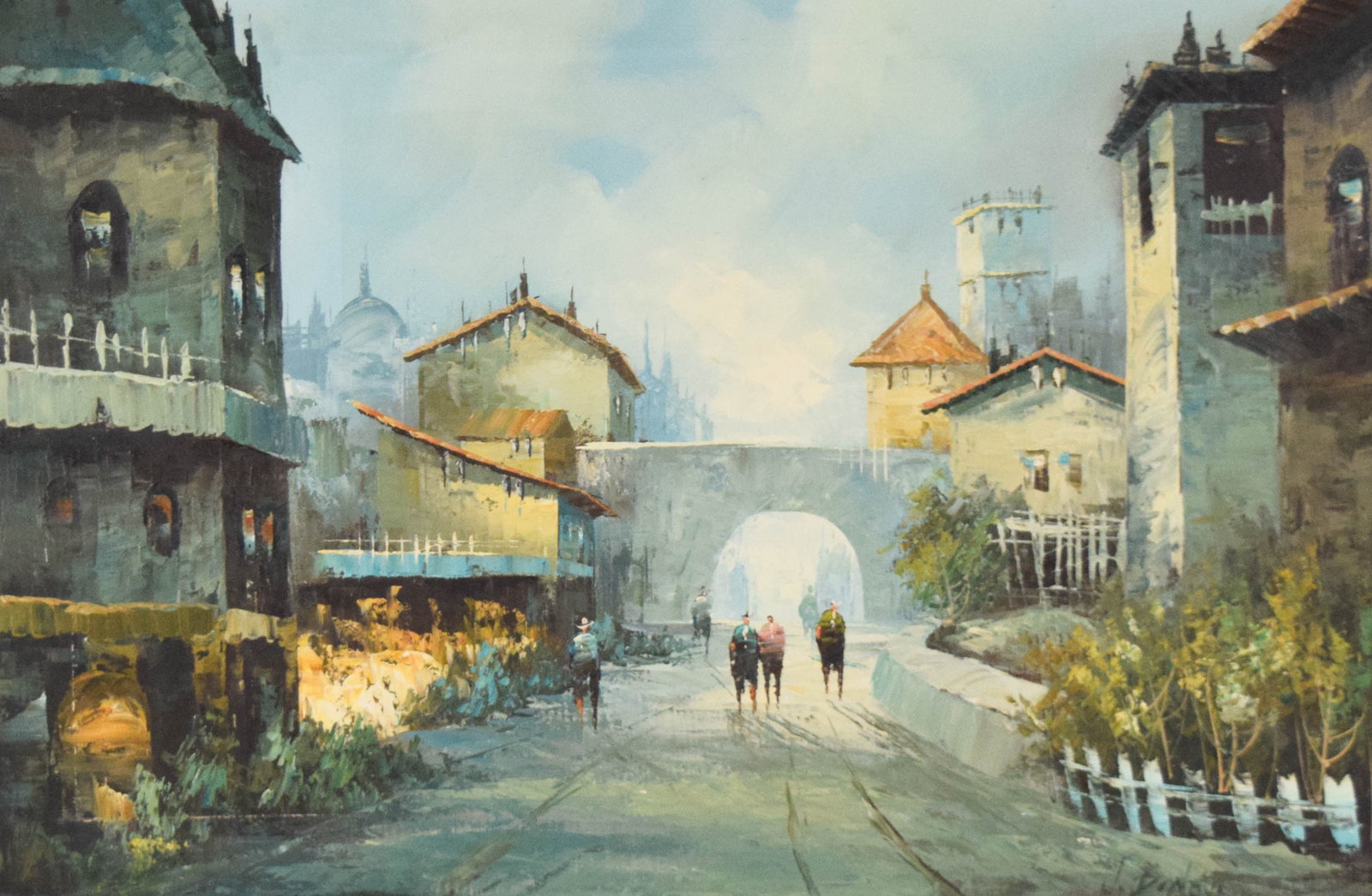 Signed J. DiNovi Oil on Canvas European Street Scene: Oil on canvas, European street scene. Signed J. DiNovi lower right. Sight: 24 x 36 in. Frame: 30 x 41 3/4 in. Location: Bin 4