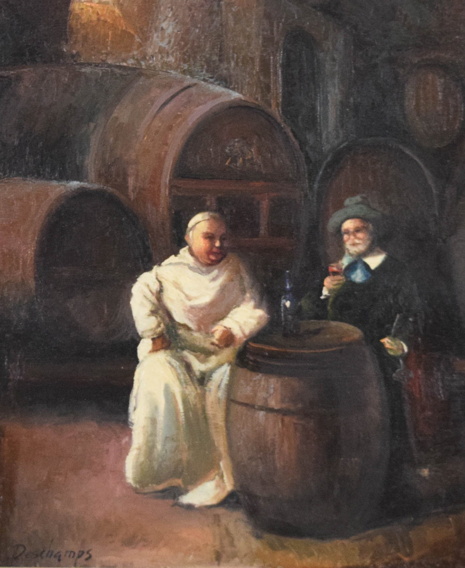 Attributed to Louis Henri Deschamps Oil on Canvas Wine Cellar: Attributed to Louis Henri Deschamps (French, 1846-1902). This oil painting on canvas depicts a genre scene set within a wine cellar. The composition features two figures seated at a barrel-top table: 