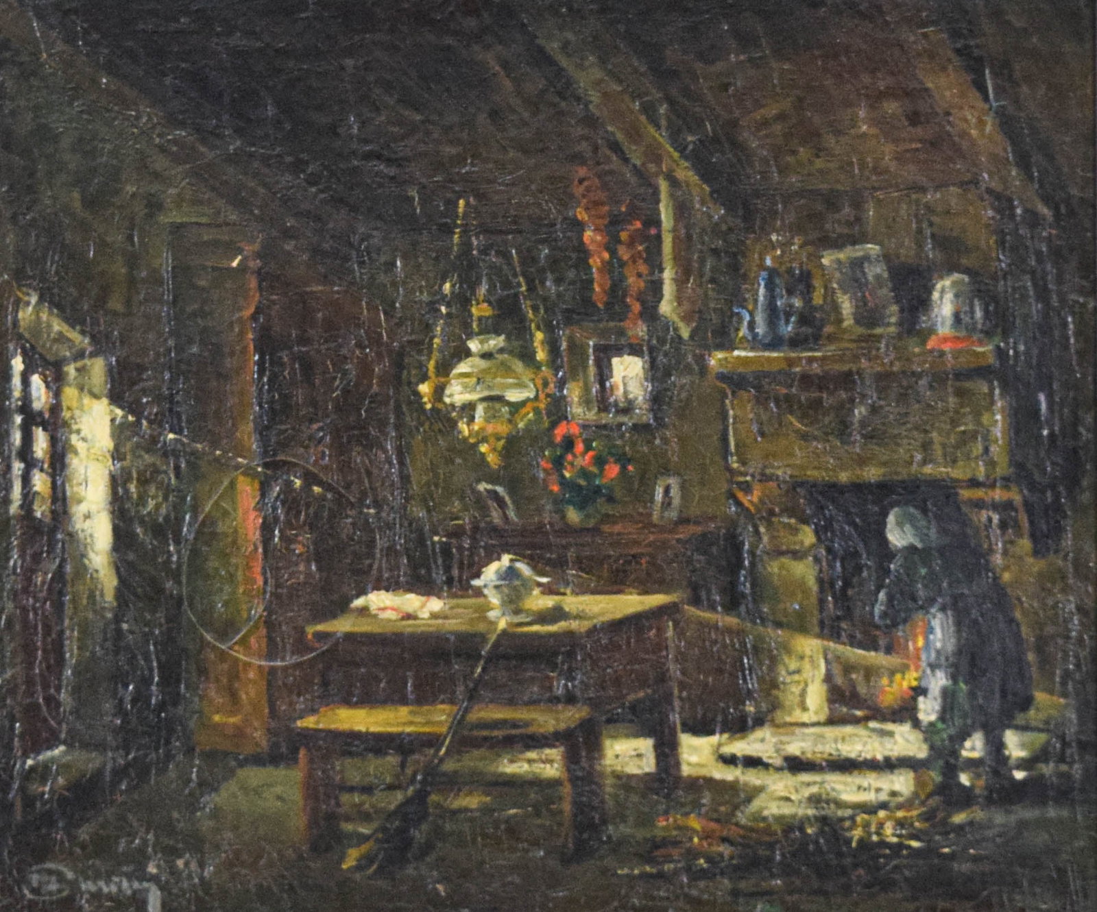 Lucien Marie Le Gardien Oil on Canvas Interior Scene with Figure at Hearth: Lucien Marie Le Gardien (French, 1908-1978). Oil on canvas depicting a rustic interior scene with a figure tending a fire in a large hearth. The work is characterized by heavy impasto and a tonalist c
