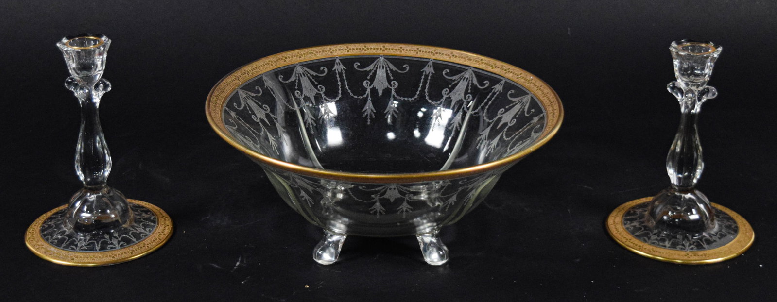 3 Piece American Elegant Glass Console Set with Gold-Encrusted Rims (1 of 14)