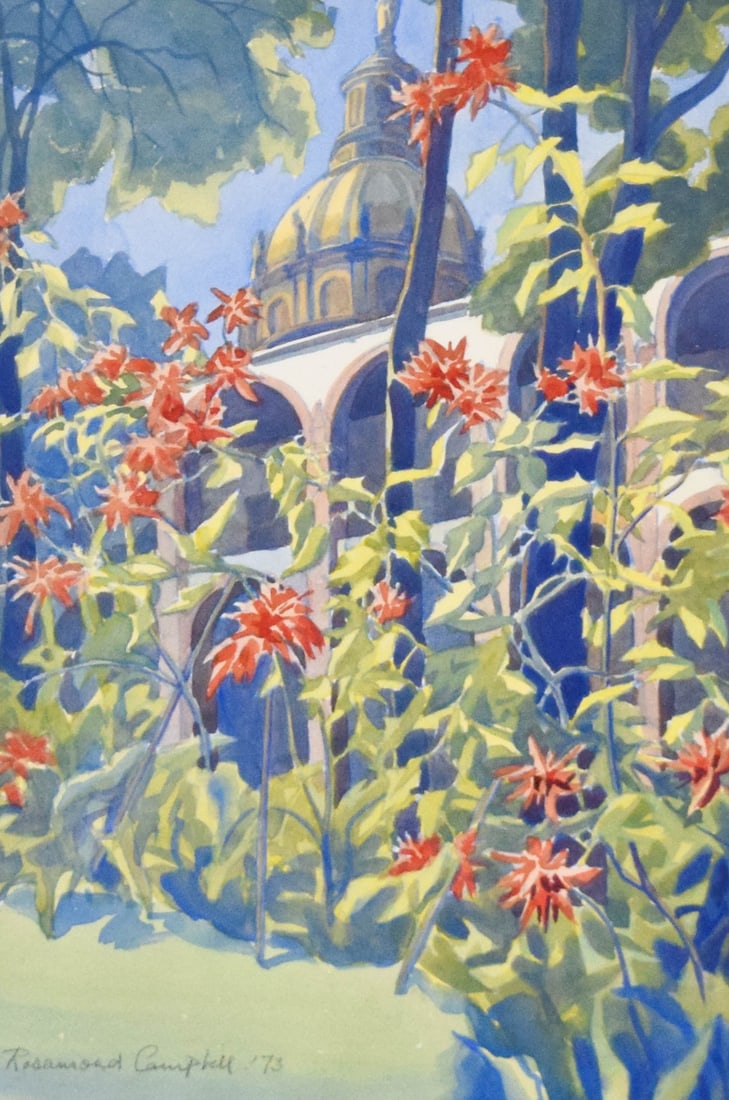 Rosamond Campbell Watercolor on Paper Garden Scene with Domed Building: Rosamond Campbell (American, 20th Century). Watercolor on paper, garden scene with domed building. Signed and dated Rosamond Campbell 73 in the lower left. 21 3/8" x 14 1/8" sight size, 29 1/4" x 21 1
