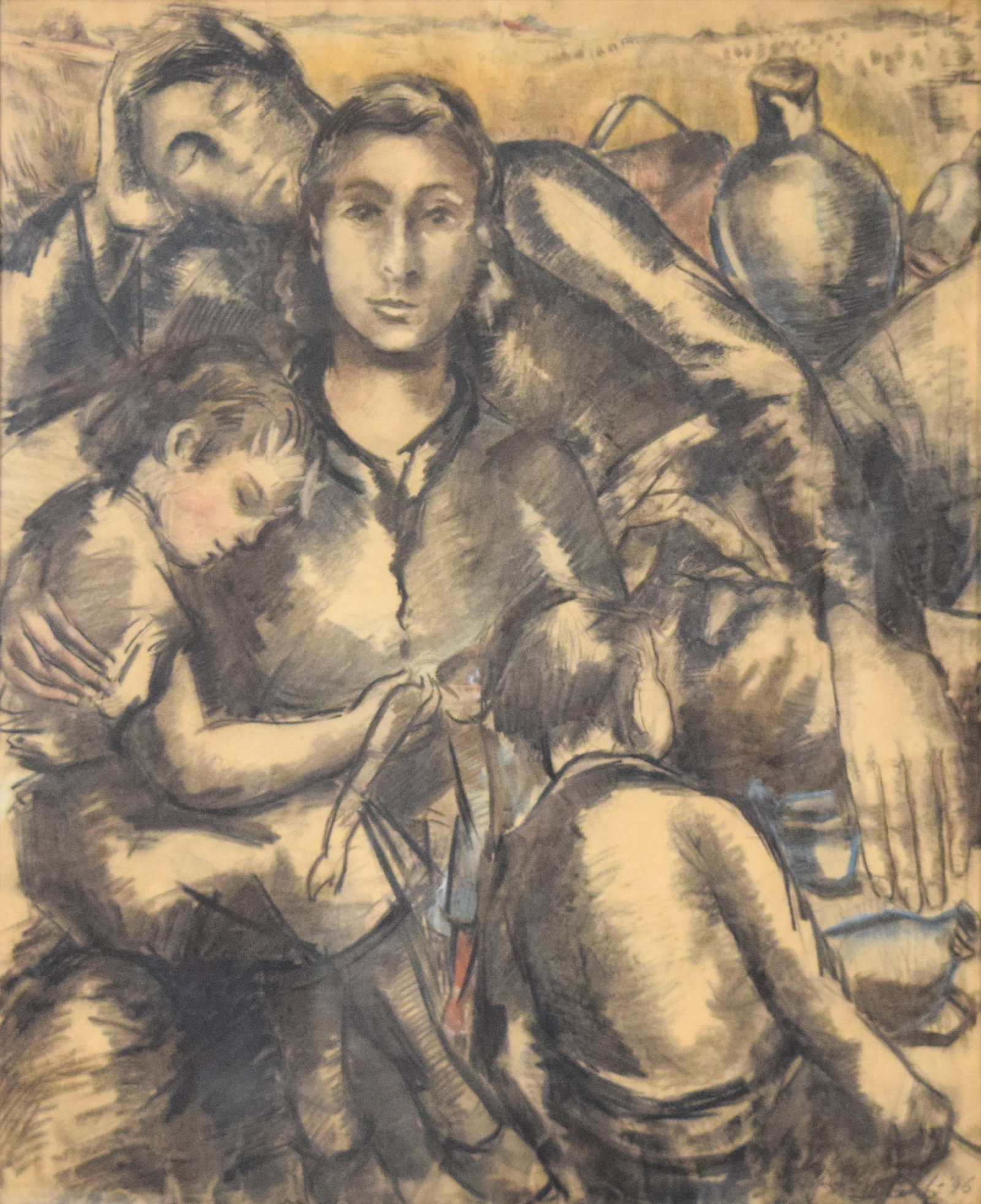 Mixed Media on Paper Mother and Children: Charcoal and pastel on paper, mother and children. Signed and dated lower right. 35 1/4" x 28 1/2" sight size, 39 1/4" x 32 3/4" with frame. Location: Bin 3