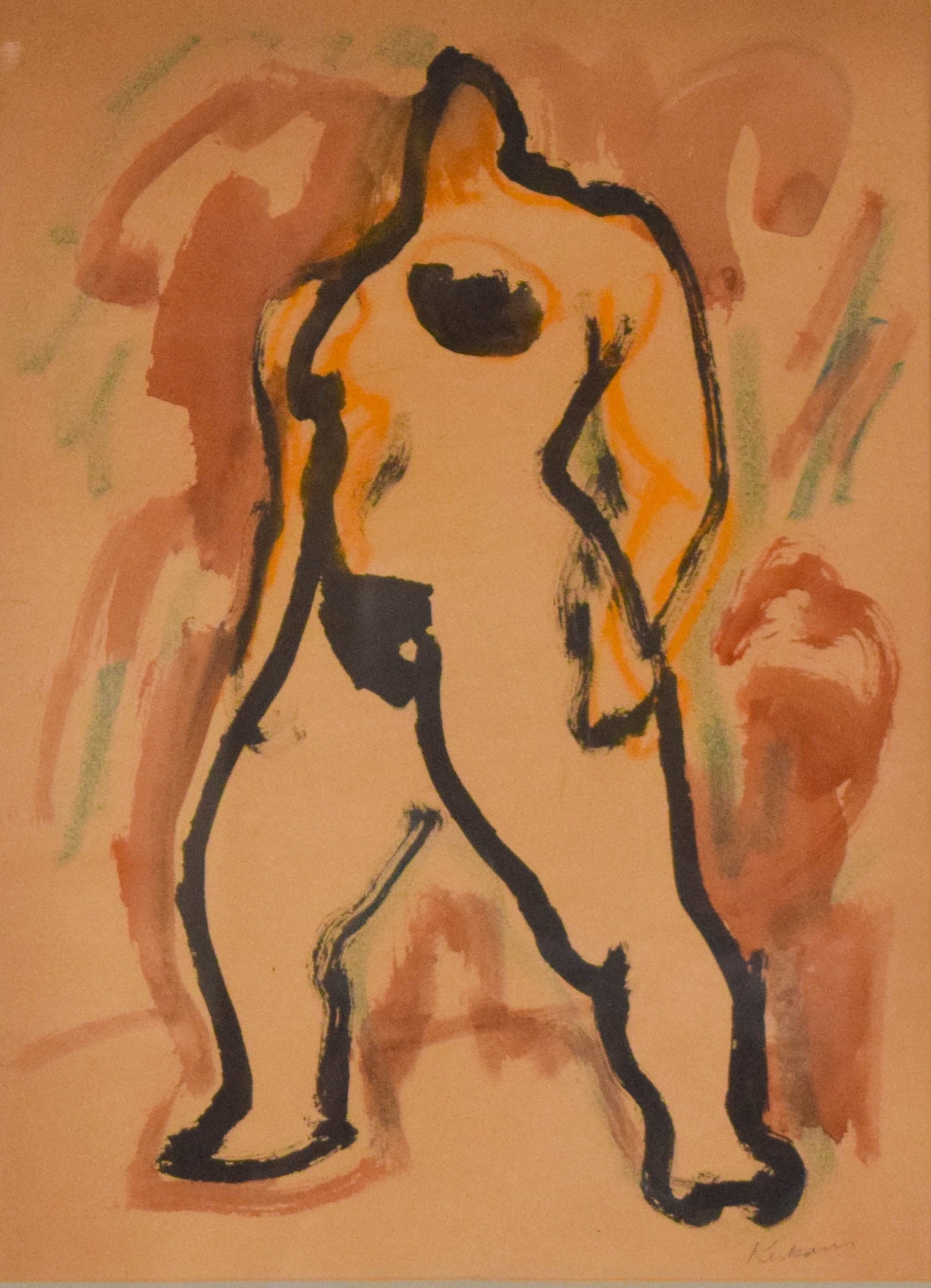 Earl Kerkam Ink and Wash on Paper Standing Female Nude: Earl Kerkam (American, 1891-1965) modernist figure study of a standing female nude. The work is executed in a gestural style with bold black brush and ink lines accompanied by washes of terracotta, or