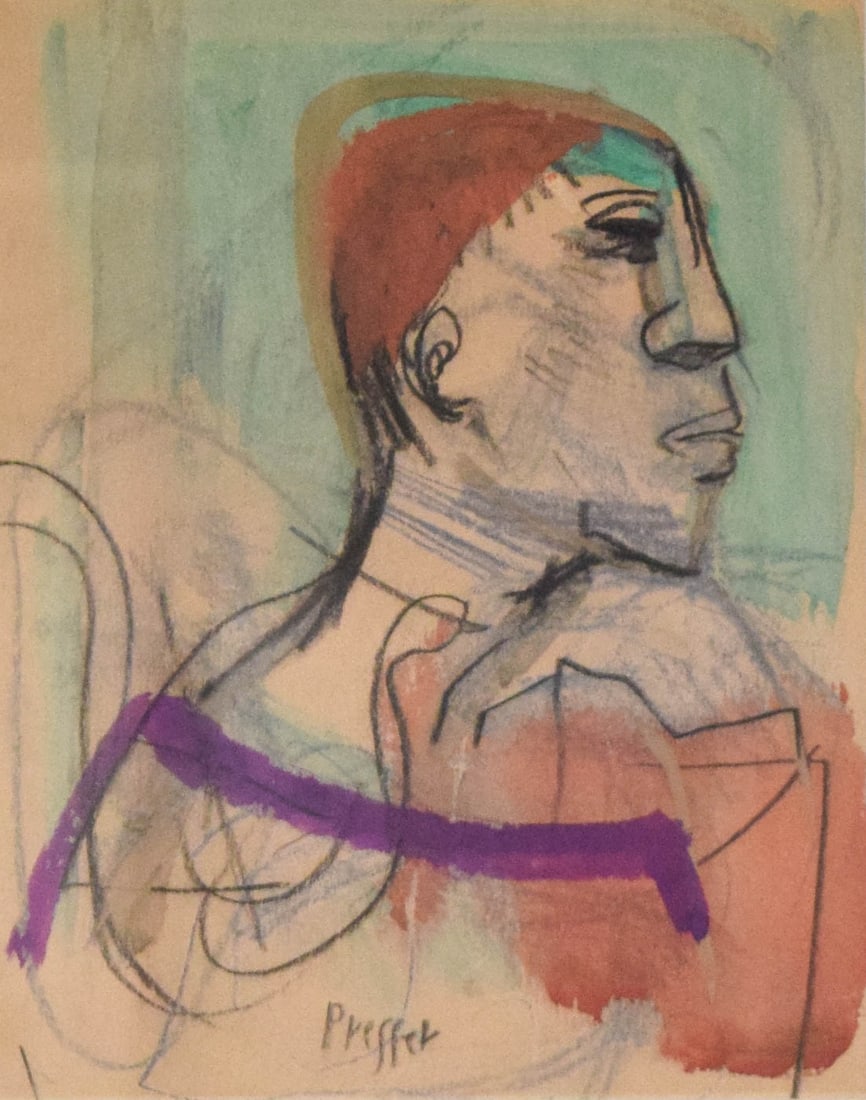Josef Presser Mixed Media on Paper Clown: Josef Presser (1909-1967). Mixed media work on paper depicting a stylized profile portrait of a clown or harlequin. The piece is executed in watercolor, pencil, and pastel, featuring bold, energetic o